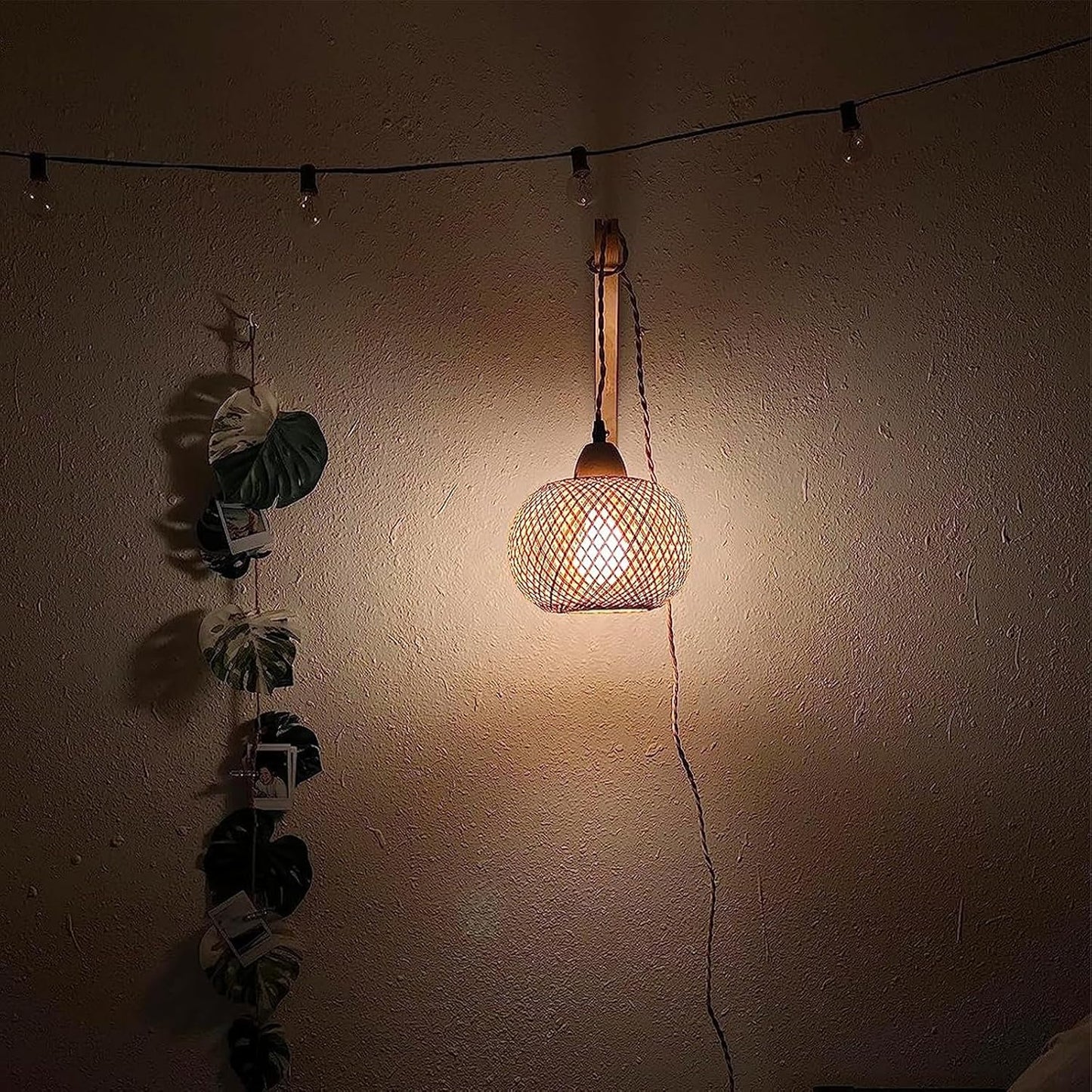 Frideko Bamboo Lantern Plug in Wall Sconces Wicker Wall Lamp with Plug in Cord Hand Woven Rattan Wall Light Farmhouse Rustic Wall Sconces Boho Sconces Wall Lighting for Living Room Bedroom