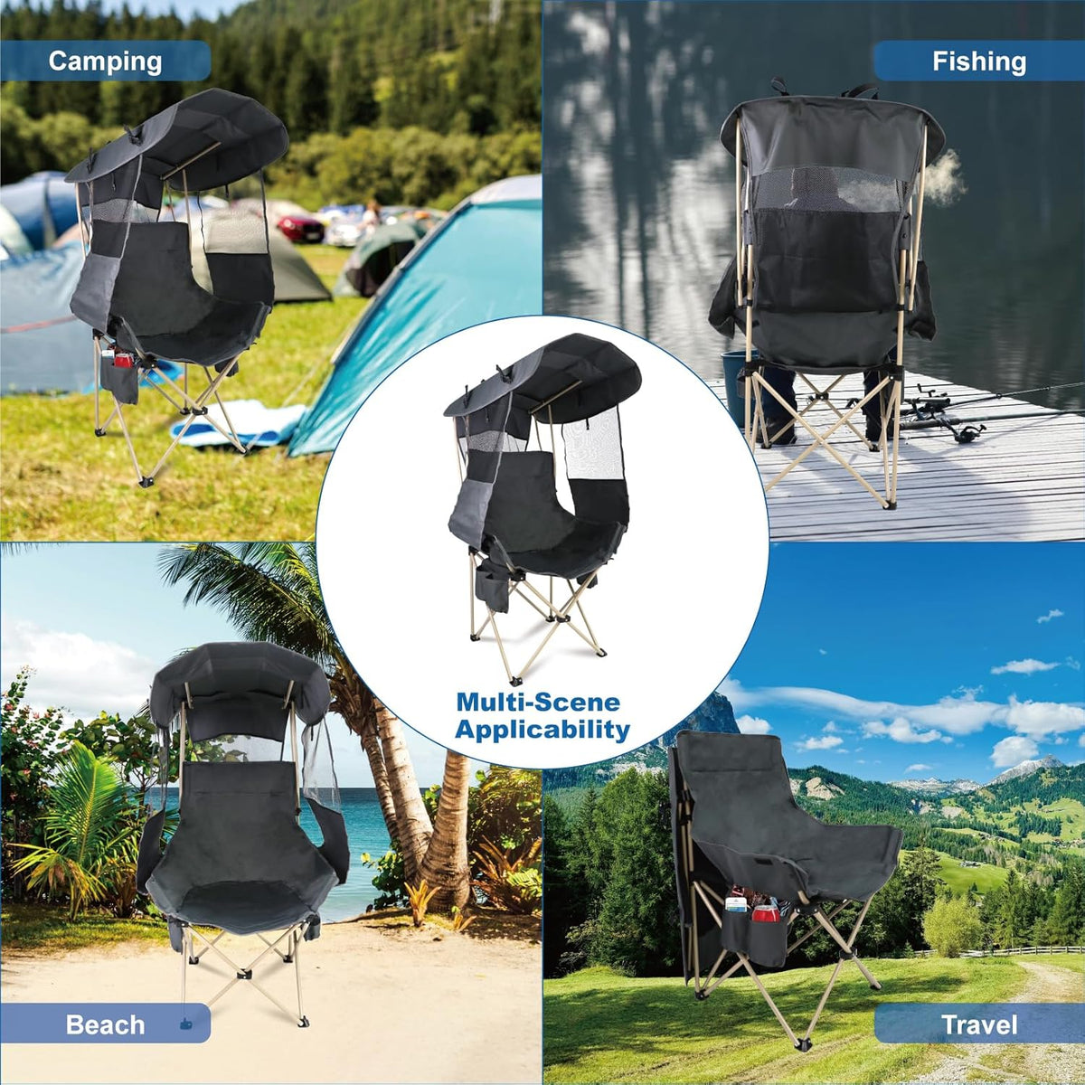 Folding Camping Chairs Canopy Outdoor: Sports Portable Beach Chair with Canopy-Lawn Beach Chairs with Umbrella for Adults-Camping Chair with Shade for Fishing Camp Heavy Duty (Regular, Grey)