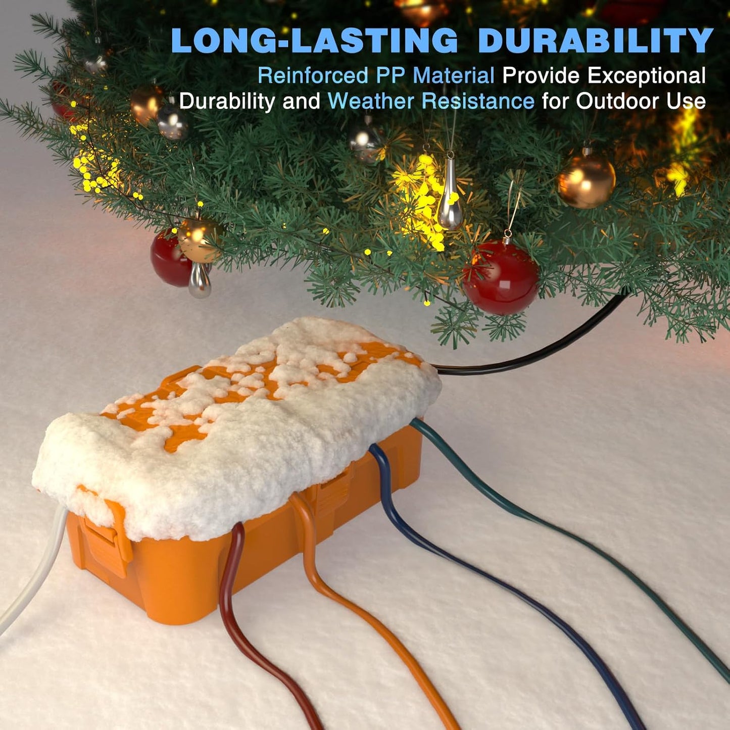 Flemoon Medium Outdoor Electrical Box, IP54 Waterproof Extension Cord Cover | Inner Size 9.4 x 4.3 x 3.2 Inch, 6 Cable Entry Ports, Weatherproof Connection Box for Outlet, Holiday Lights, Orange, 2 Pack