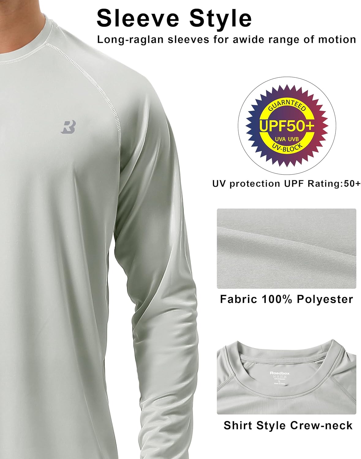 Roadbox Mens UPF 50+ UV Sun Protection Shirts Outdoor Long Sleeve SPF Rash Guard for Fishing Hiking Swimming Running
