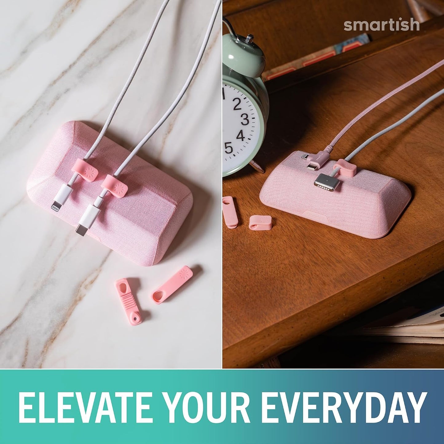 Smartish Magnetic Cord Holder, Bigger Cable Wrangler, Office Desk Organizer | Holds 8 Cords, 2 Cable Clips, Weighted Base, Charger Keeper, Phone Charging Cable Management, Nightstand Accessories, Pink