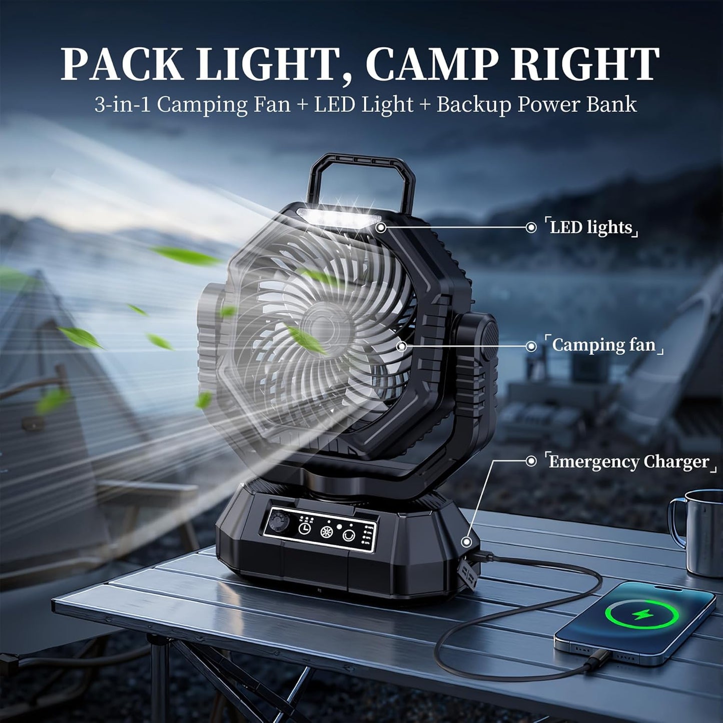 AJVV Camping Fan, Oscillating Battery Powered Portable Rechargeable Hanging Tent Fan with Light and Remote for Camp, Outdoor, Emergency Power Outage, Fishing, RV Travel, Black