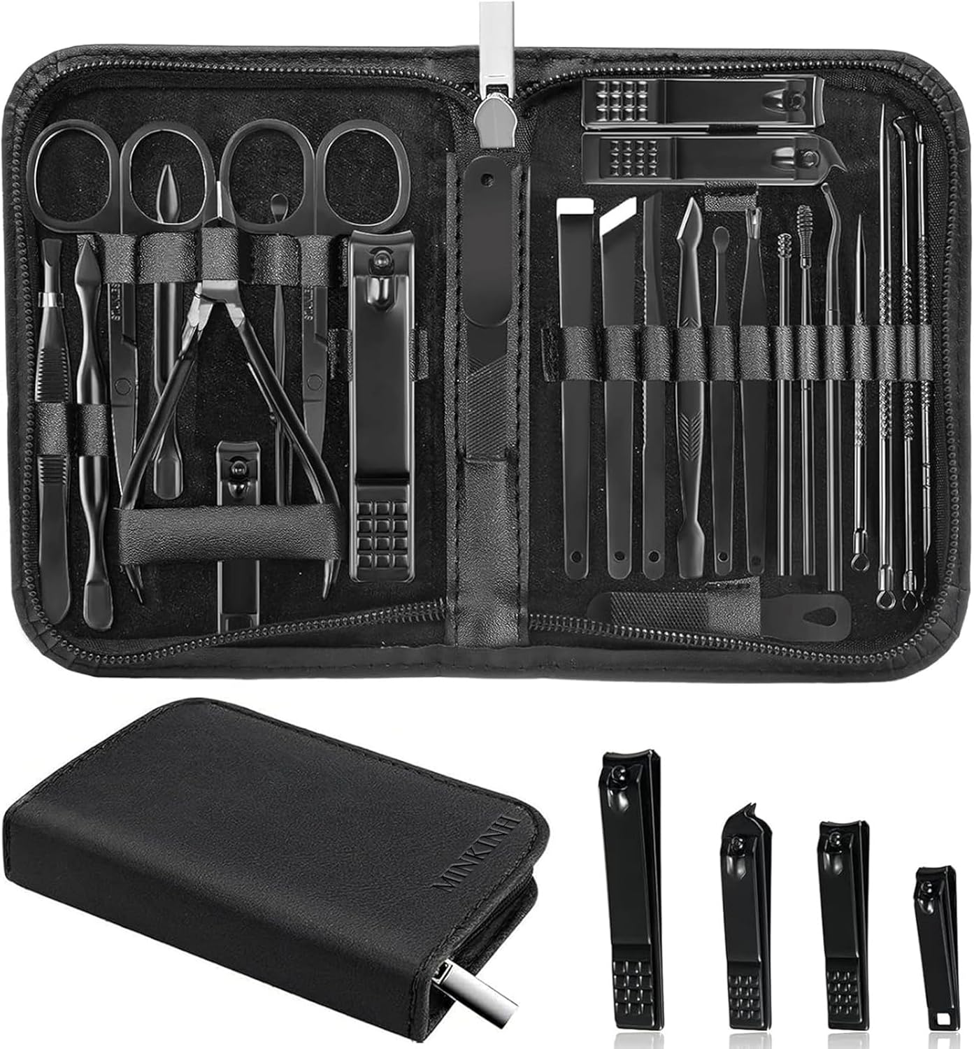 MINKINH Manicure Set Professional Nail Clipper Kit-26 Pieces Stainless Steel Manicure Kit,Nail Care Tools with Luxurious Travel Case Nail Grooming Kit Present for Men Husband Boyfriend Parent (Black)