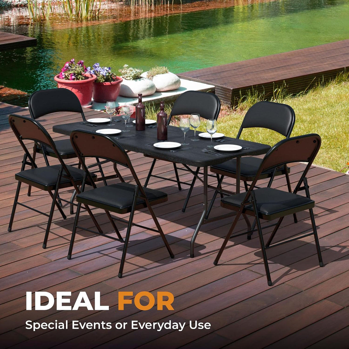 Our Modern Space 4 Pack Leather Chair | Foldable & Stackable | 350 lbs Capacity Steel Frame Seats for Indoor or Outdoor | Commercial Use Events Wedding Party Events Bulk Picnic Kitchen Dining - Black