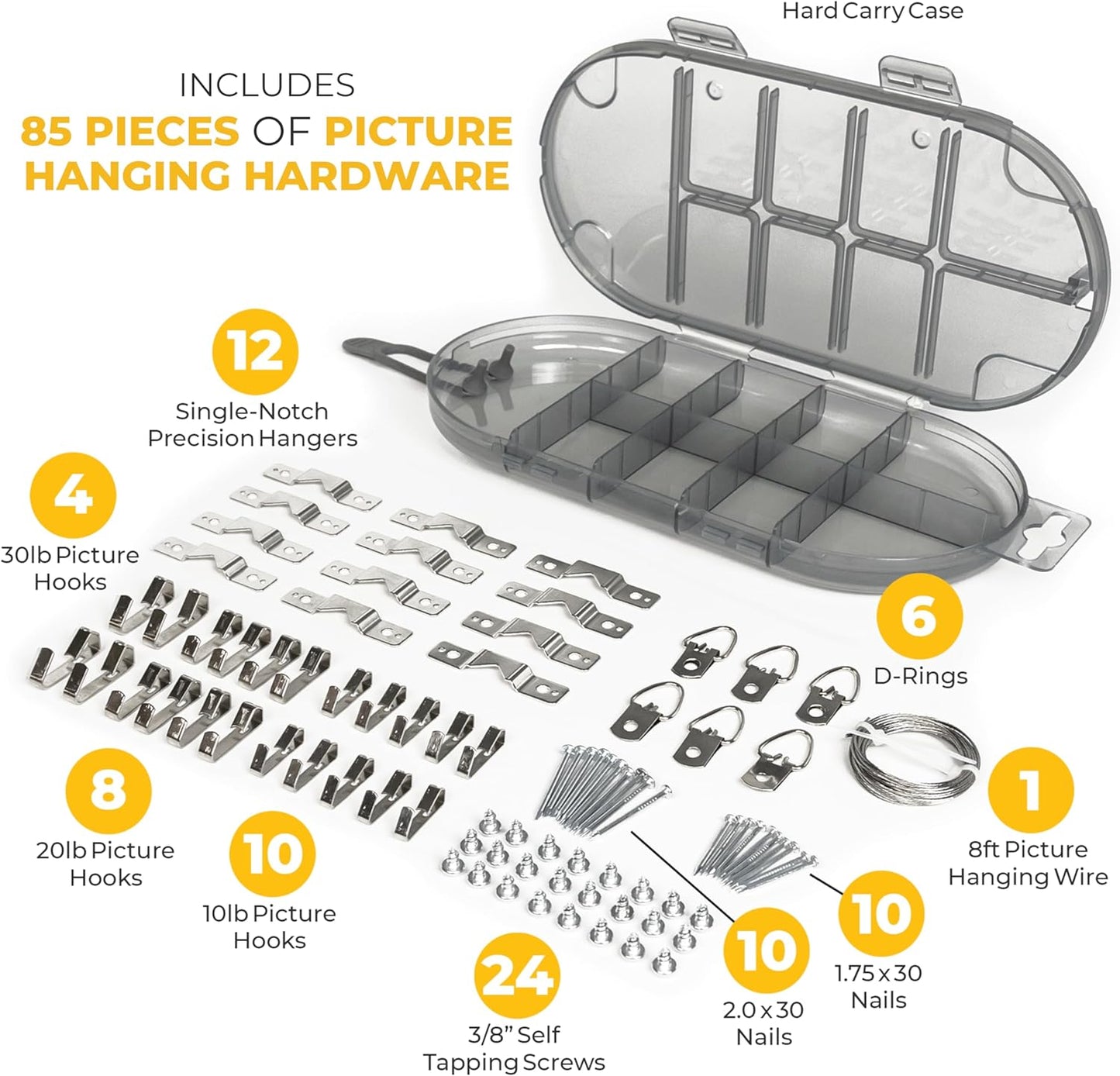 Go Hang It! Pro, All-in-One Picture Hanging Kit - Picture Leveling and Hanging Tool - Hang Sawtooth/Wire Hangers - Wall Hanging Kit and Level Tool - Hardware Case with 85-Piece Hanging Essentials