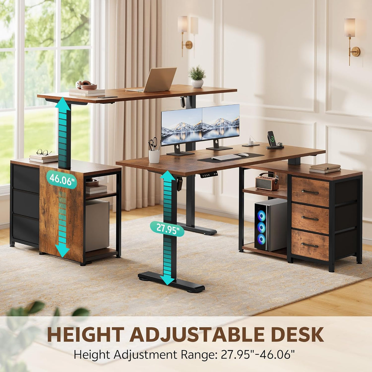 47 Inch L Shaped Desk with 3 Drawers Electric Standing Desks with Storage Computer Table Adjustable Height with Power Outlets 4 Memory Presets for Home Office, Rustic Brown