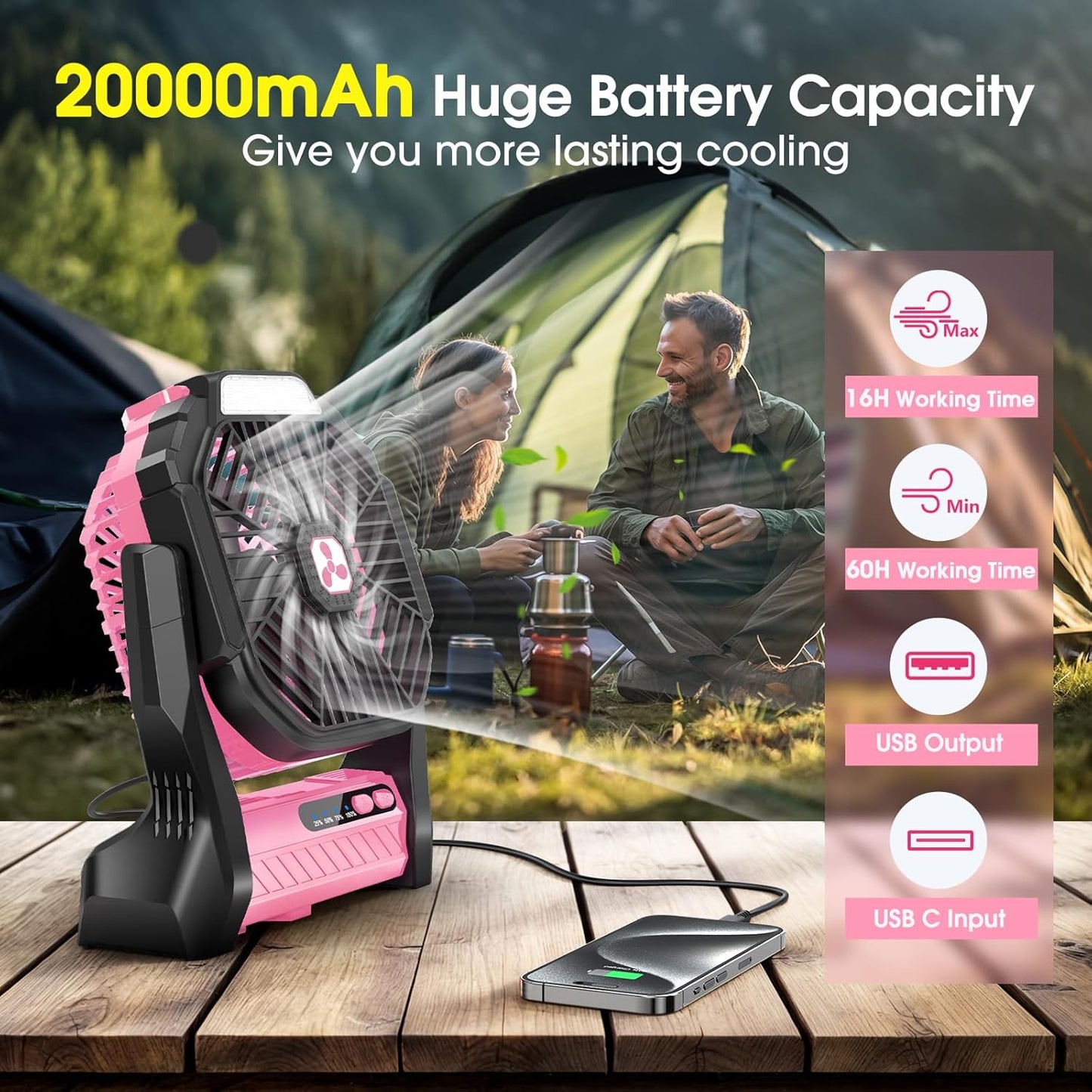 Peouix Portable Rechargeable Fan, 20000mAh Cordless Battery Powered Camping Tent Fans with LED Lantern, Small USB C Operated Outdoor Ventiladores for Travel Camp Fishing Office Home Essentials