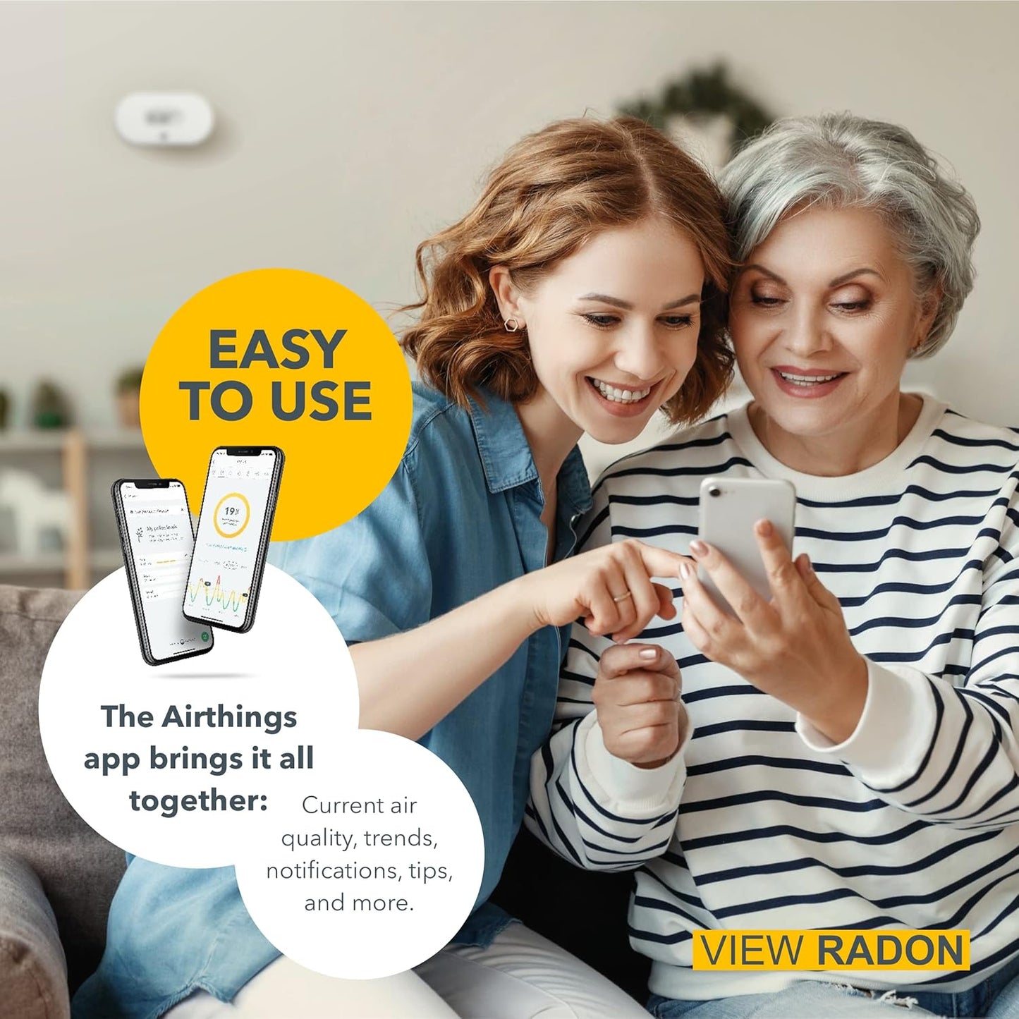 Airthings 2989 View Radon - Radon Monitor with Humidity & Temperature Detector - Battery Powered Mobile APP, WiFi, Alerts & Notifications