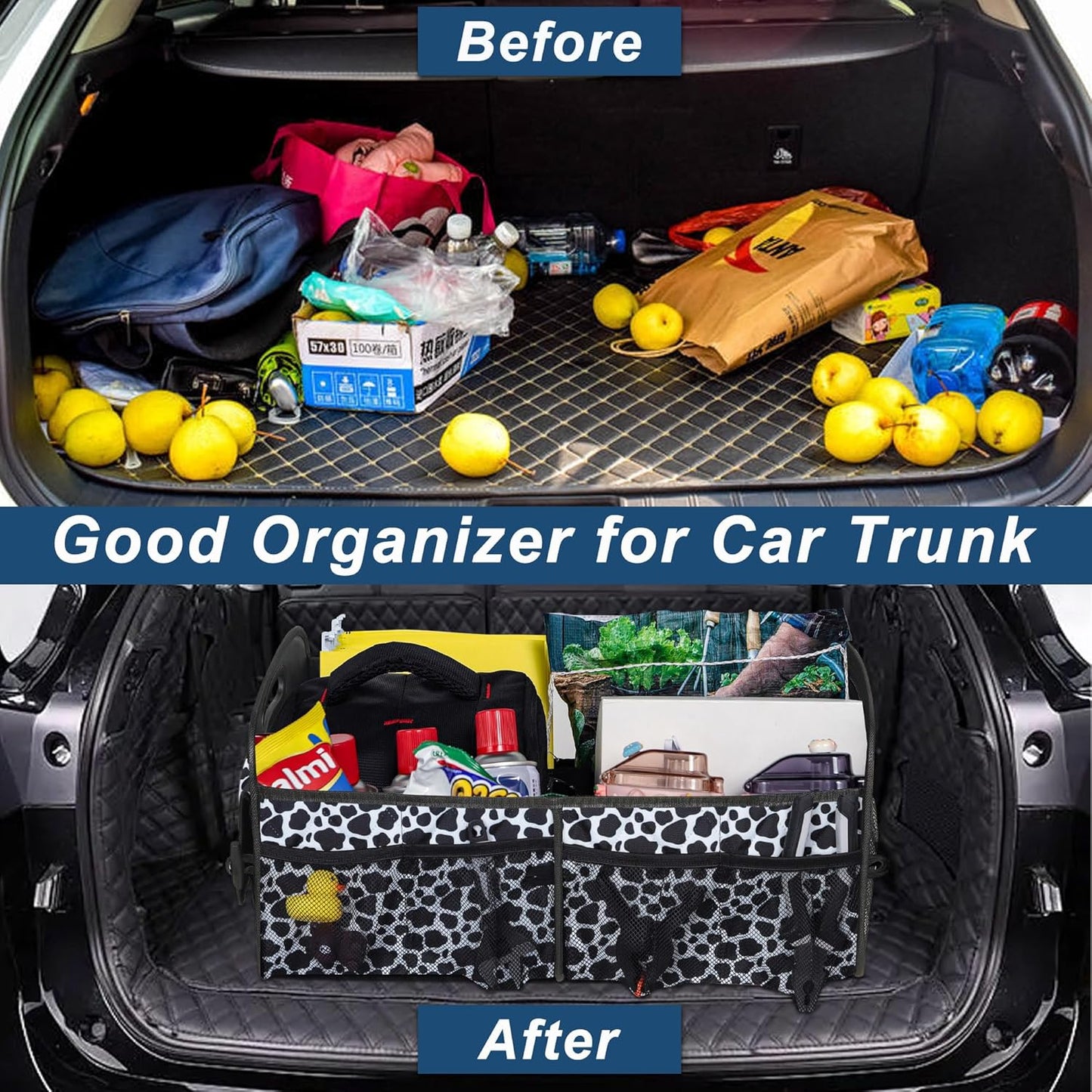 Deosk Trunk Organziers and Storage with Reinforced Handles,Car Accessories for Women/Men 50L Waterproof Polyester Trunk Organzier for Car/SUV/Minivan/Truck(Medium, Cow print)