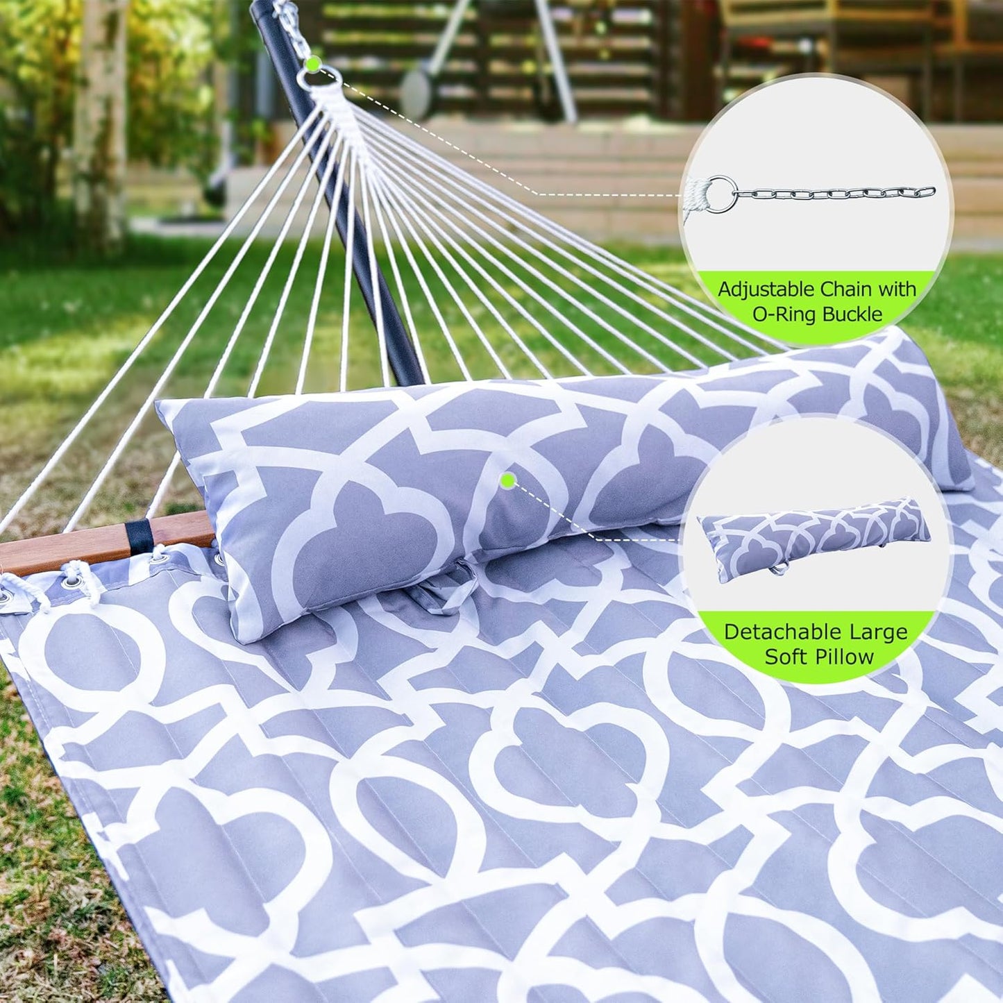 ANAGOO Double Hammock with Stand, Heavy Duty Outdoor Hammock for Two, 500 LBS Capacity, Stable Steel Frame with Balance Strap, Easy Tool-Free Assembly for Patio, Garden, Backyard & Beach,White Grey
