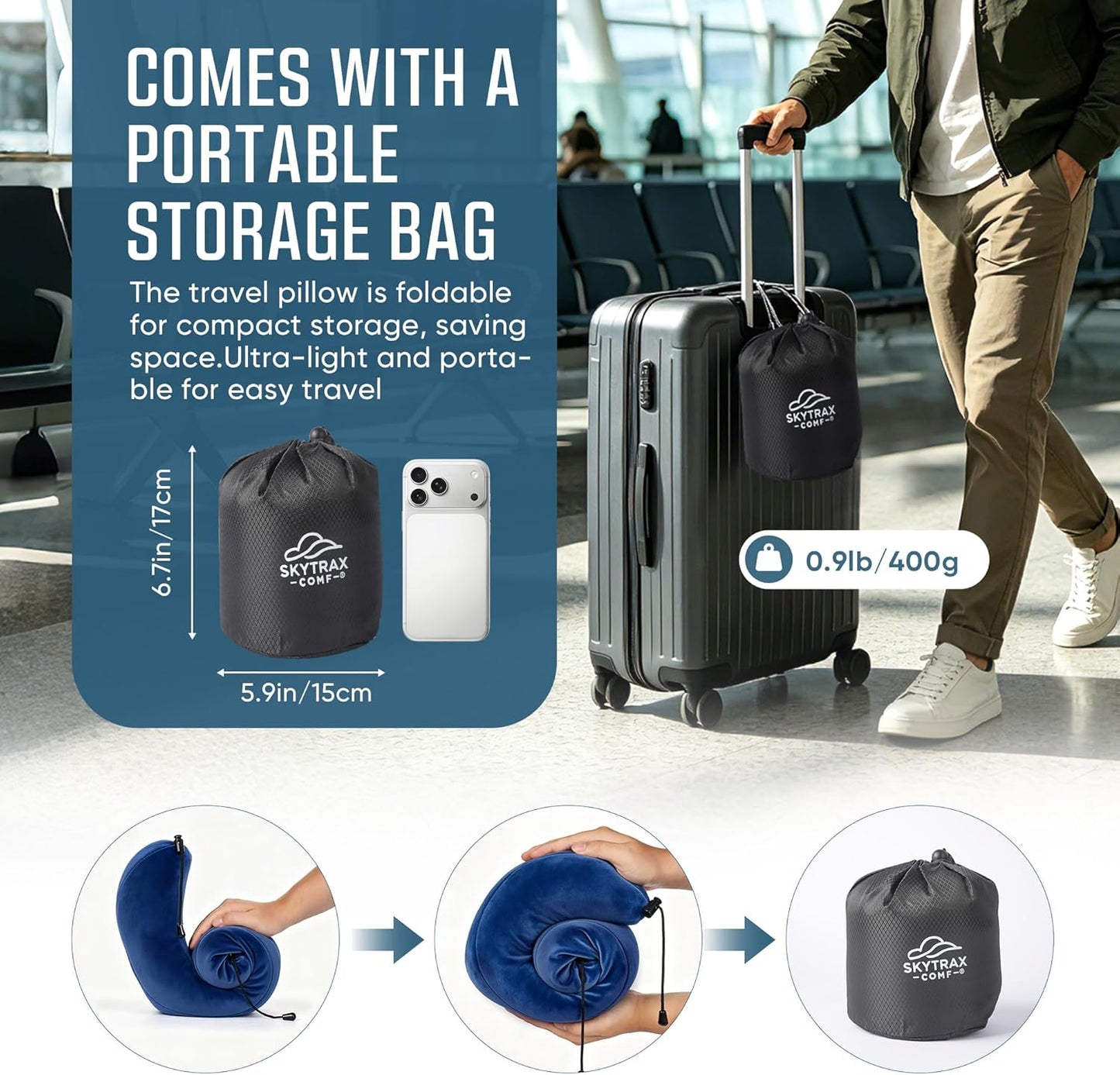 Travel Pillow with Extra Large Hood for Airplane Long Flights Privacy and Comfort Memory Foam with Velvet Cover for Road Trip Head&Neck Support for Plane Office Cars Sleeping & Rest (Navy Blue)