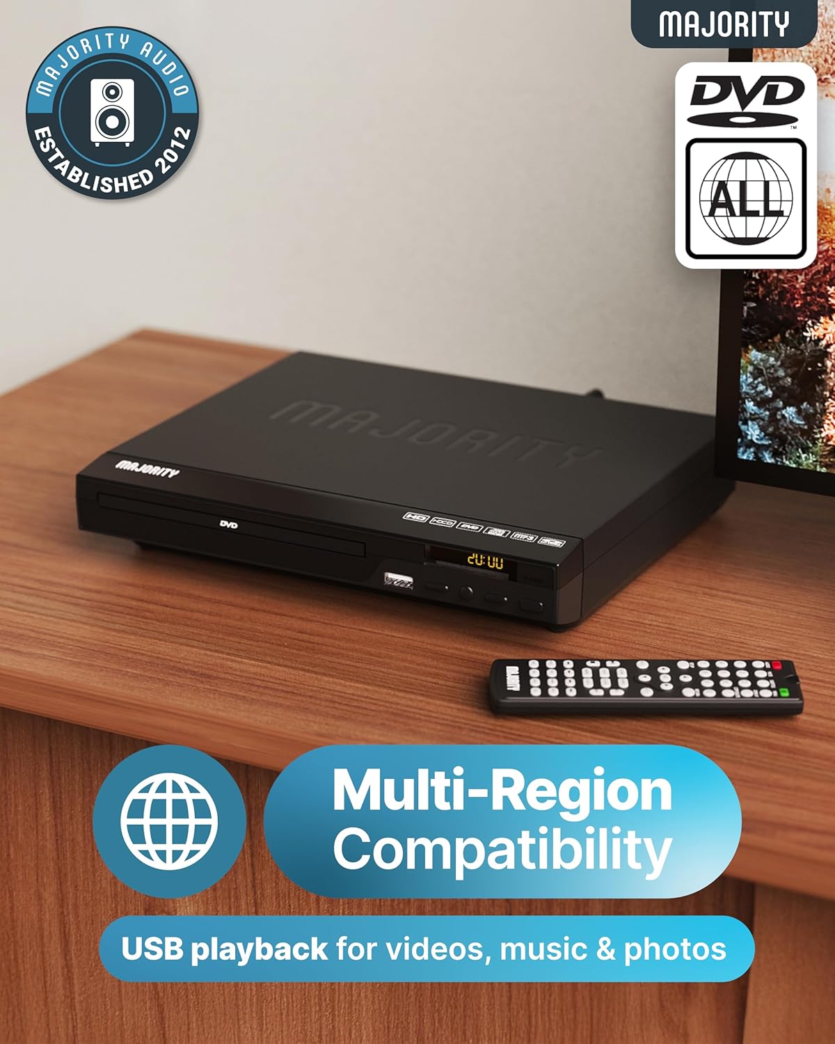 2026 Model HDMI DVD Player for TV | 1080P Region Free DVD-Players for Smart TV | Mini DVD Player with USB, CD & MP3 | HDMI Cable, RCA Cable & Remoted Control | MAJORITY DVD