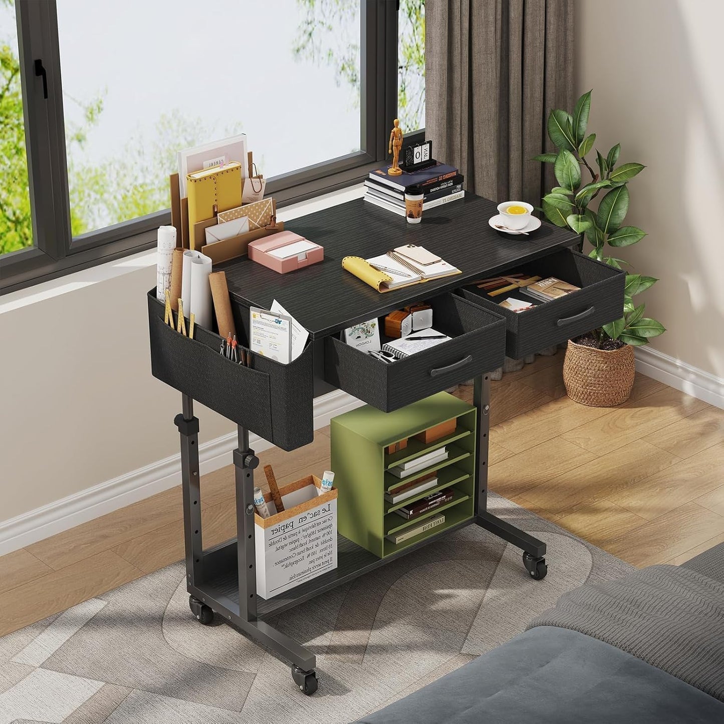 Small Portable Rolling Standing Desk - 32 Inch Adjustable Mobile Stand Up Gaming Desks with 2 Fabric Drawers on Wheels, Couch Sofa Side Laptop Table with Storage for Home Office, Black