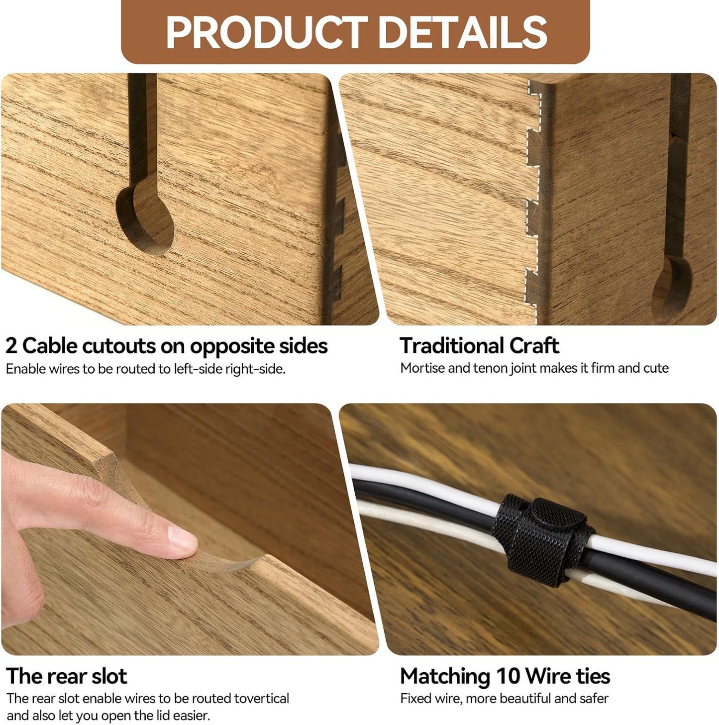 KIRIGEN Wooden Cable Management Box Set of 2, Cord Organizer, Brown | Large and Small Solid Wood Boxes with Removable Lids for Power Strips, Chargers, Routers, and Desks Home Office