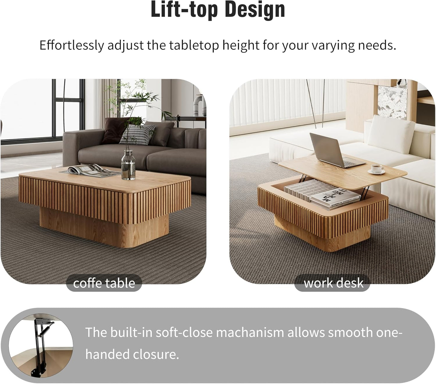 38.6'' Lift Top Coffee Table with Hidden Compartment, Modern Rectangular Fluted Wooden Center Table Cocktail Tea Table with Storage and Adjustable Height for Living Room Apartment,Natural
