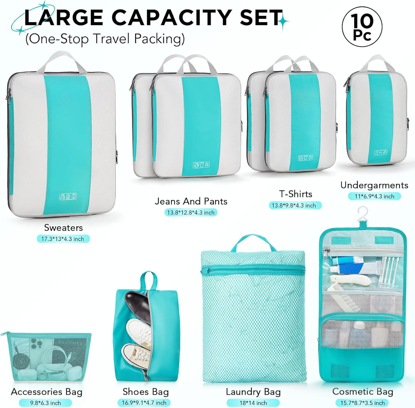 10 Set Compression Packing Cubes for Travel Essentials,Compressible Expandable Packing Cubes for Suitcase,OlarHike Luggage Garment Bags for Travel,Handy Helper for Organizing Clothes(Blue Green)