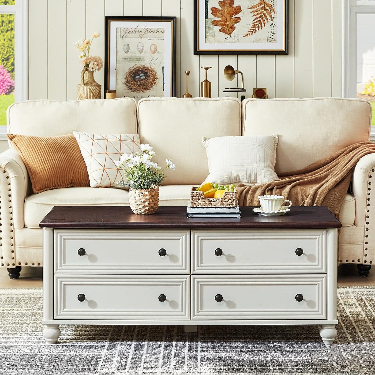 RWYHG 48" Farmhouse White Coffee Table, Center Table with 4 Drawers | High Capacity Hidden Storage, Smooth Roman Column Handles & Drawers, Solid Wood Sturdy Curved Legs, for Living Room,Office