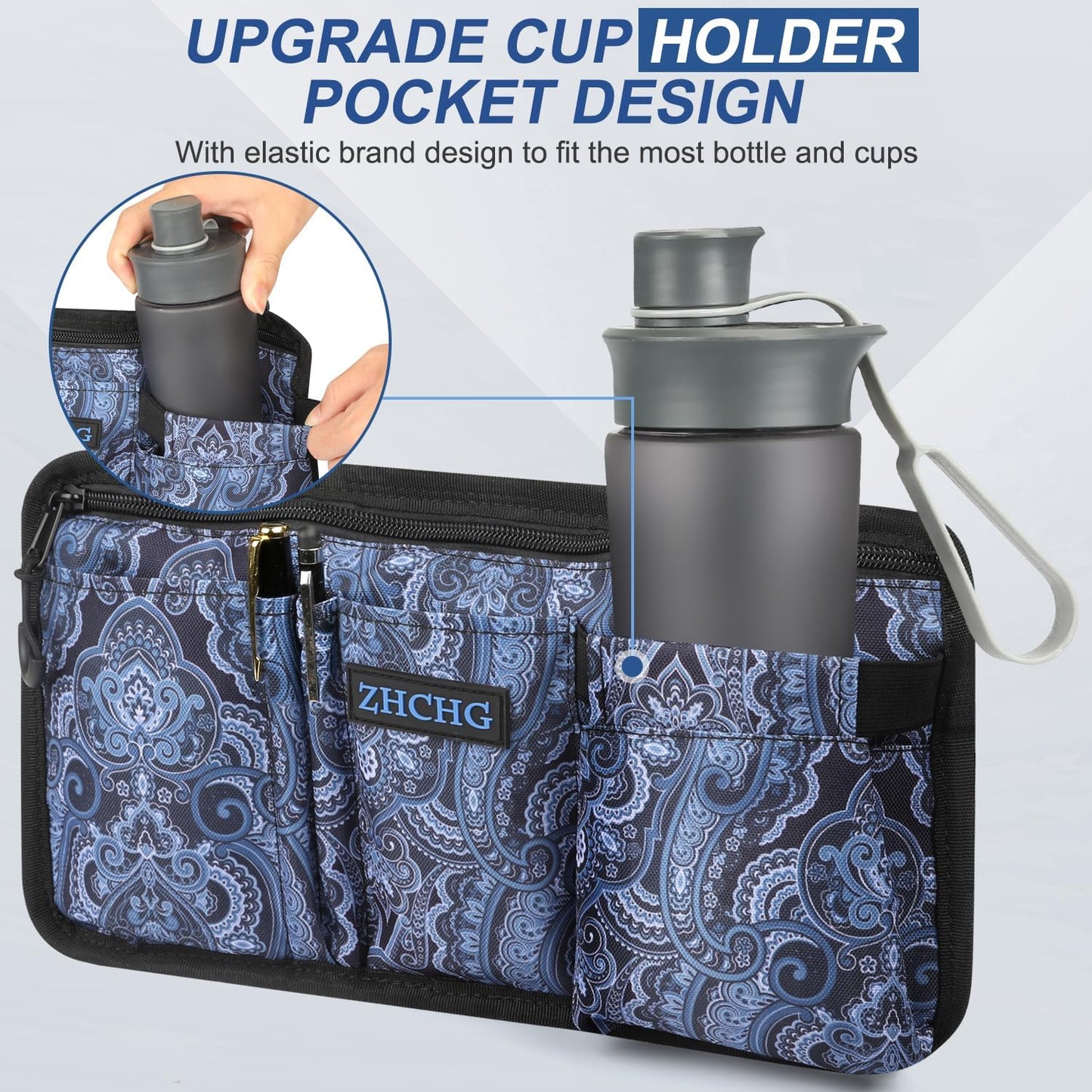 ZHCHG Wheelchair Side Bag with Cup Holder, Wheelchair Armrest Pouch Accessories for Walker, Rollator, Electric Scooter Wheelchairs, Ideal Gift for Mother's Day & Father's Day- Navy