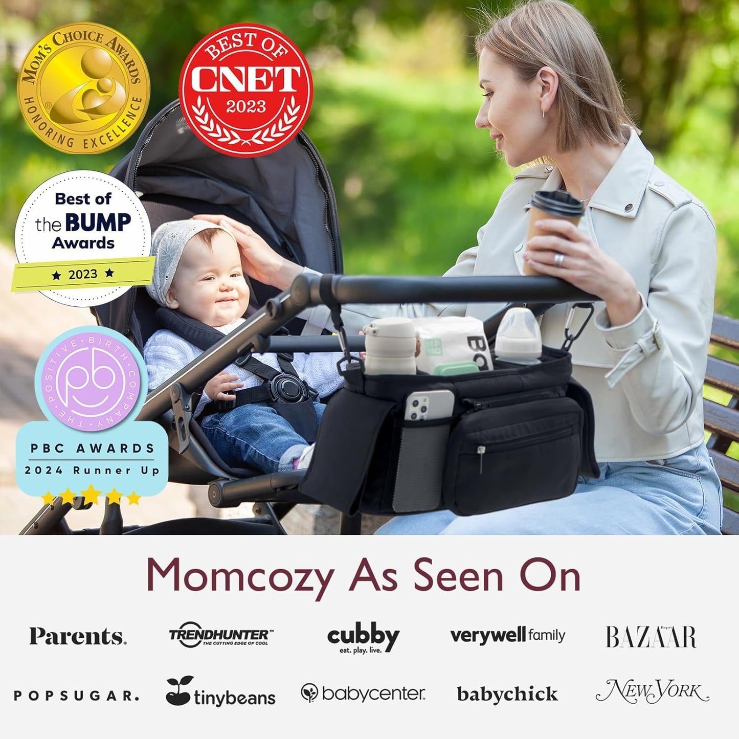 Momcozy Universal Stroller Organizer with Insulated Cup Holder Detachable Phone Bag & Shoulder Strap, Fits for Stroller Like Uppababy, Baby Jogger, Britax, BOB, Umbrella and Pet Stroller
