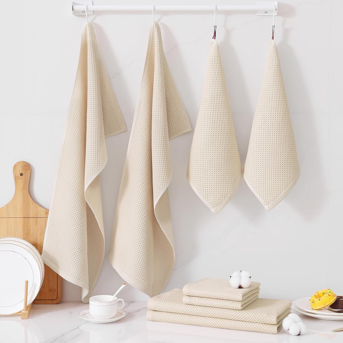 Homaxy 100% Cotton Kitchen Towels and Dishcloths Set, 12 x 12 Inches and 13 x 28 Inches, Set of 8 Bulk Kitchen Towels Set, Ultra Soft Absorbent Dish Cloths for Washing Dishes, Beige