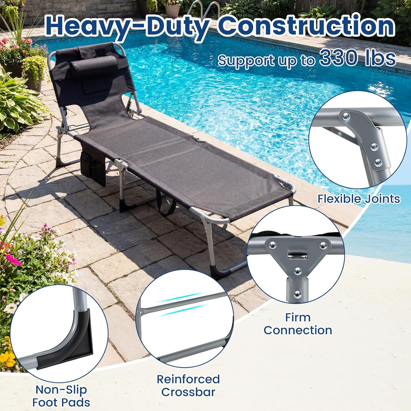 COSTWAY Tanning Chair with Face Hole, Folding Beach Lounge Chair with 4-Position Adjustable Backrest, Pillow & Side Pocket, Foldable Chaise Lounge Chair Outdoor for Sunbathing, Camping (1, Black)