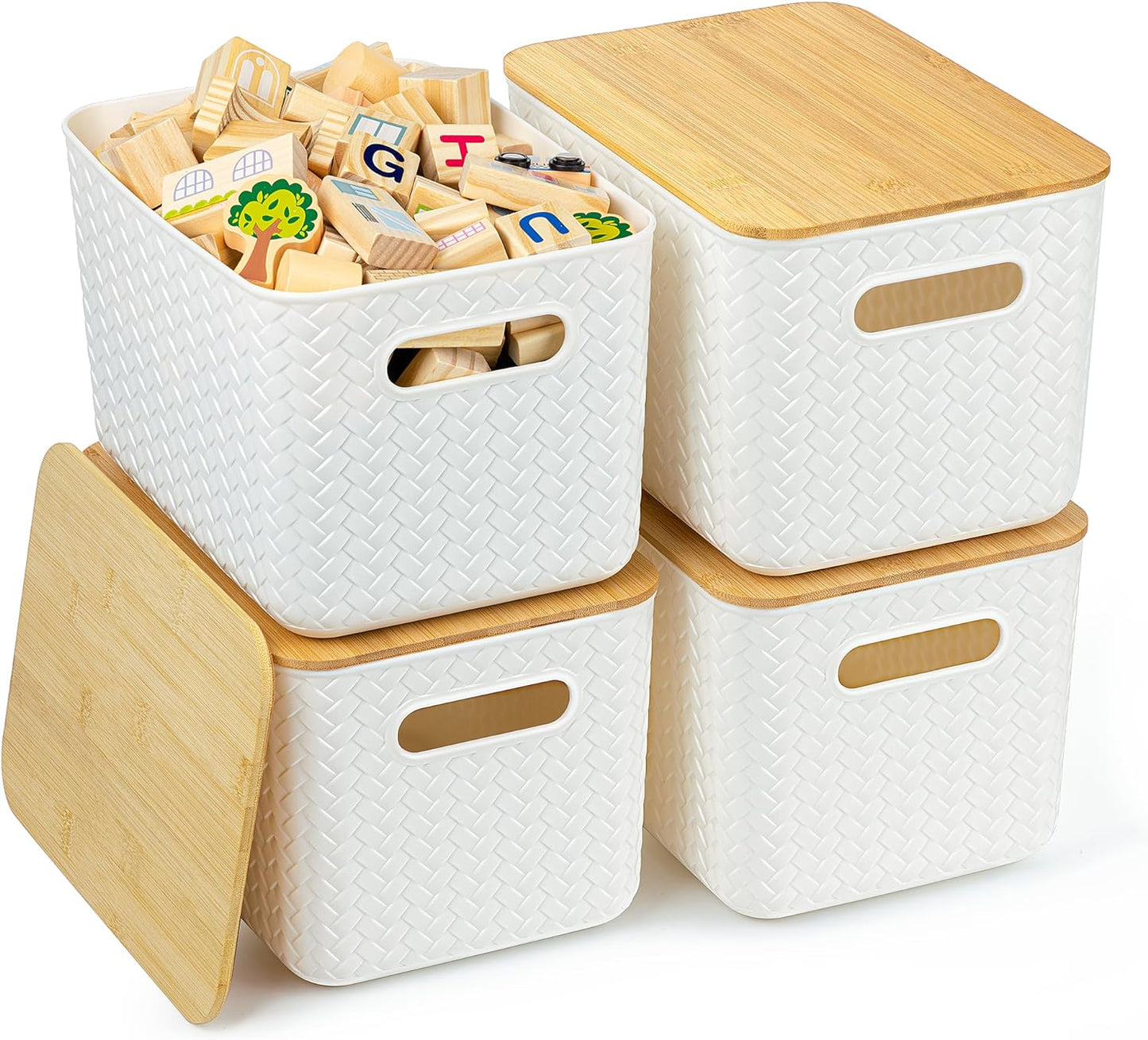 Ohmlove 4 Packs Storage Bins with Bamboo Lids - Plastic Storage Containers with Lids Stackable Storage Box：Storages Baskets for Organizing Desktop Closet Playroom Classroom Office,White