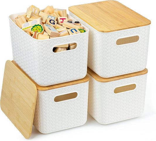 Ohmlove 4 Packs Storage Bins with Bamboo Lids - Plastic Storage Containers with Lids Stackable Storage Box：Storages Baskets for Organizing Desktop Closet Playroom Classroom Office,White