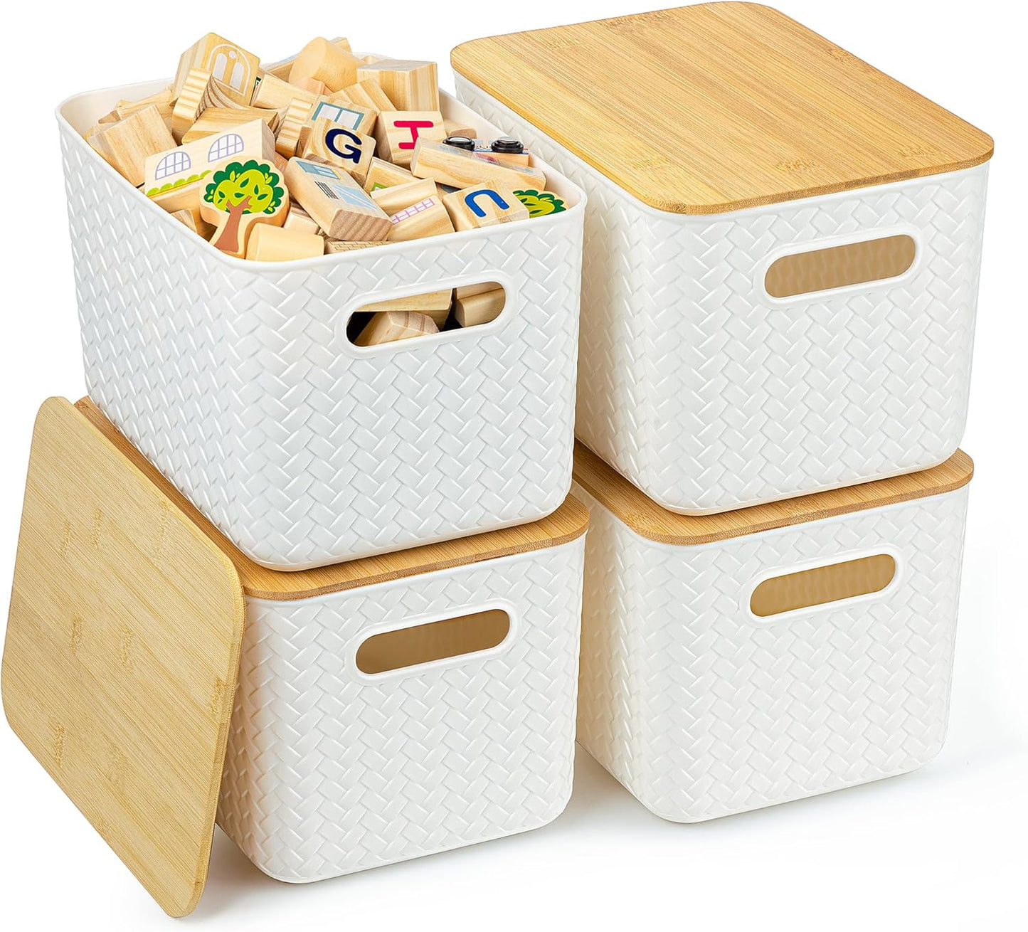 Ohmlove 4 Packs Storage Bins with Bamboo Lids - Plastic Storage Containers with Lids Stackable Storage Box：Storage Baskets for Organizing Desktop Closet Playroom Classroom Office,Gray
