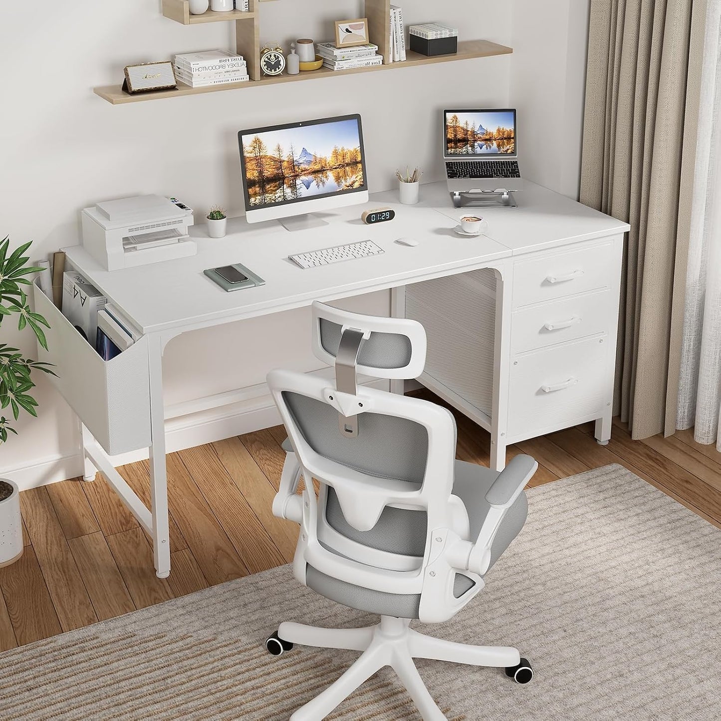 Lufeiya White Computer Desk with Fabric File Drawers Cabinet, 55 Inch Reversible Desks with Storage Filing Cabinet for Home Office, Modern Writing Table PC Desks for Bedroom, White