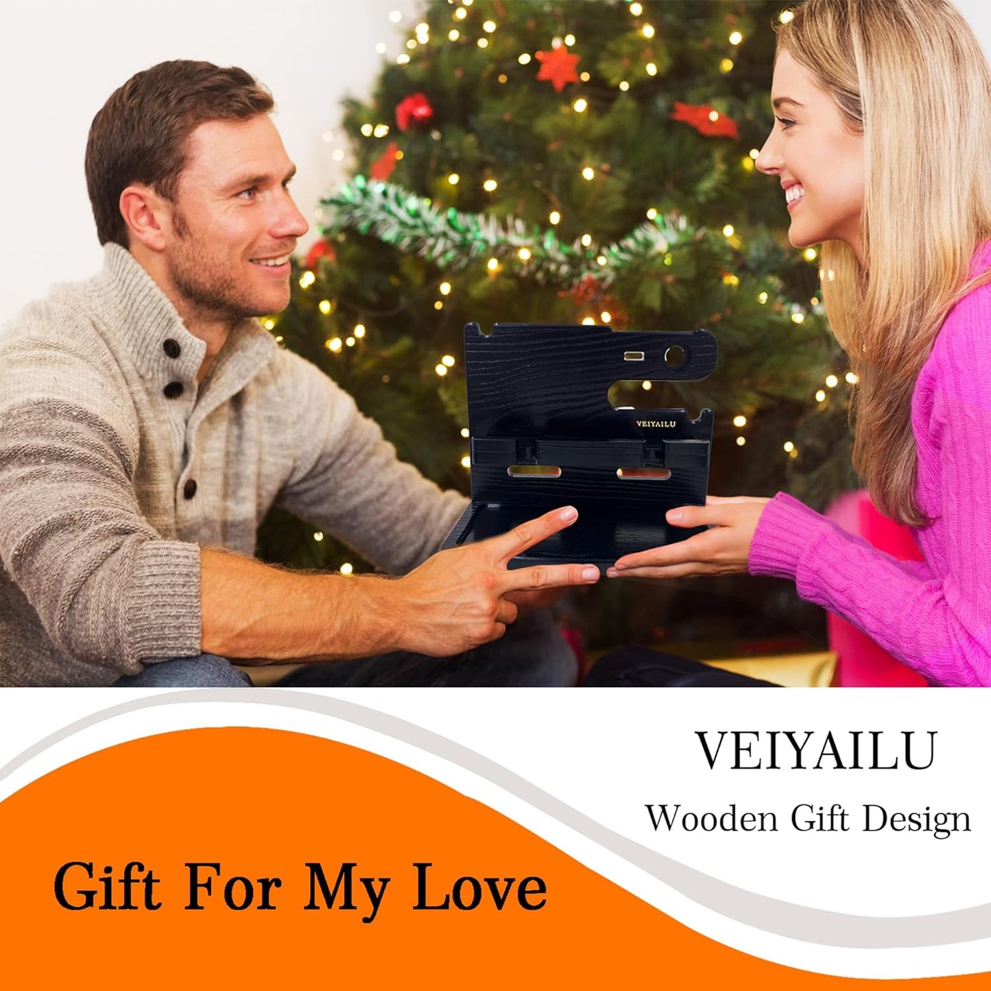 VEIYAILU Gifts for Men Dad Women Husband Boyfriend Him Nightstand Organizer for Men Wood Phone Docking Station Birthday Gifts (Black)