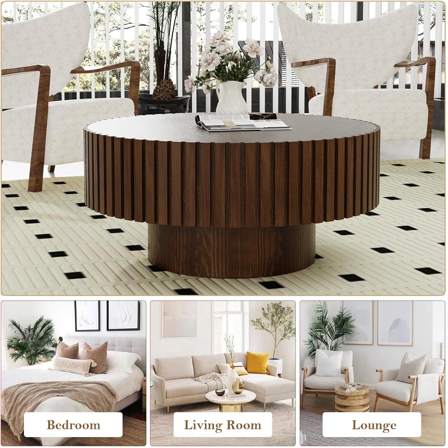 31.5" Round Drum Fluted Coffee Table (H) | Mid-Century Modern, Easy Assembly, Sturdy Pedestal, Center Tables for Apartment Living Room