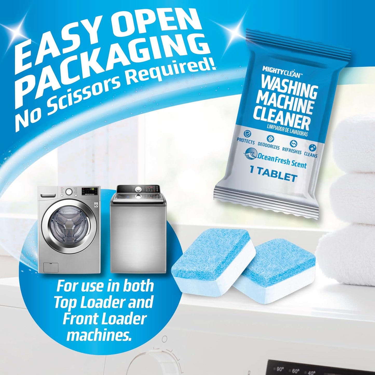 MIGHTY CLEAN Washing Machine Cleaner Tablets 24 Pack - 1 Year Supply, Septic Safe Washing Machine Cleaning Tablets, Washer Cleaner Tablet, Works with All Washers Including HE