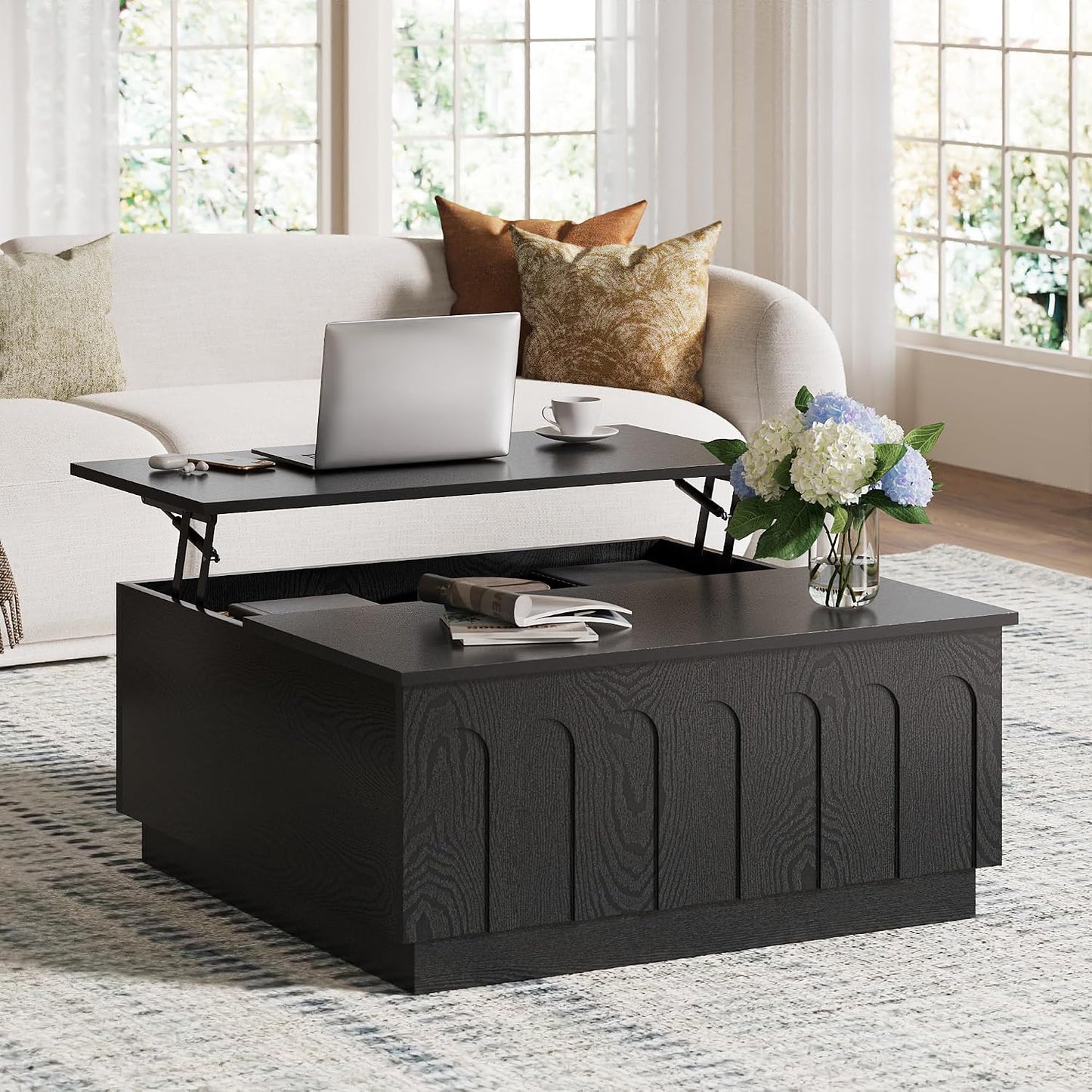 FORTUNETEC 31.5" Lift Top Coffee Table with Storage, Arched Design, Black | Modern Coffee Table, Square Tea Table, Minimalist Multifunctional Center Table, Wood Grain Texture, Living Room, Office