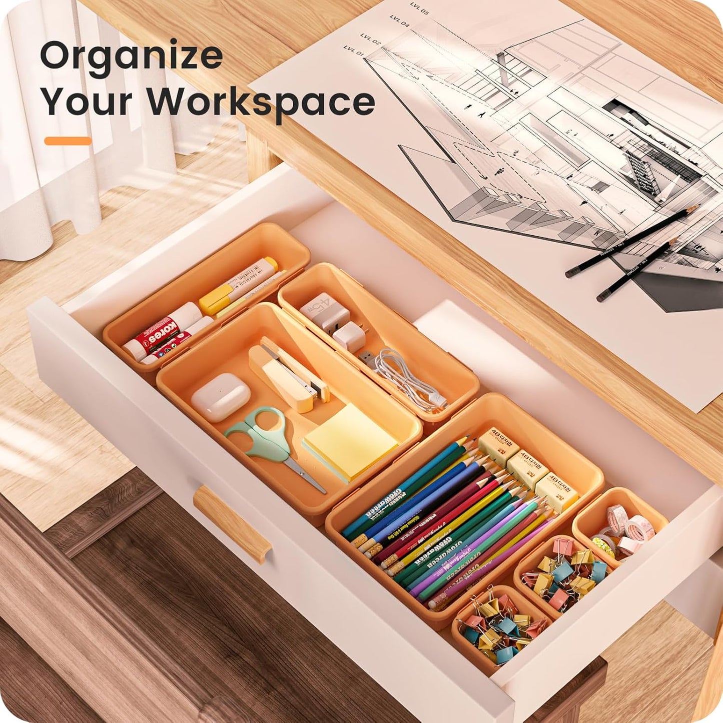 A-LUGEI【𝟰𝟲𝗣𝗖𝗦】【5 Size】Tool Box Organizer Tray Divider Set, 【Orange】 Desk Drawer Organizer,Garage Organization and Storage Toolbox Accessories Rolling Tool Chest Cart Cabinet WorkBench Part
