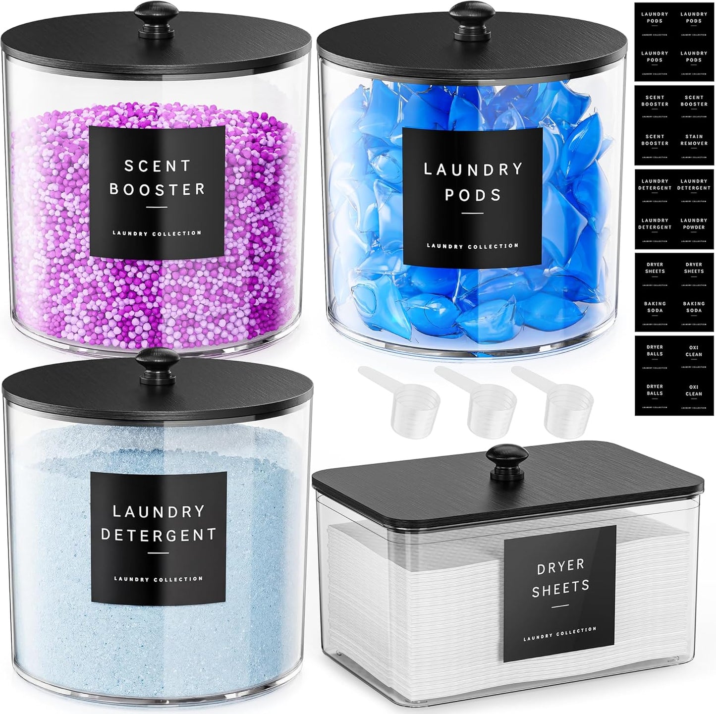 galasily 3 Pack Laundry Pods Container, Clear Laundry Room Organization Containers,Large Acrylic Detergent Powder Storage Containers Black Wooden Lids & Labels, Dryer Sheet Holder