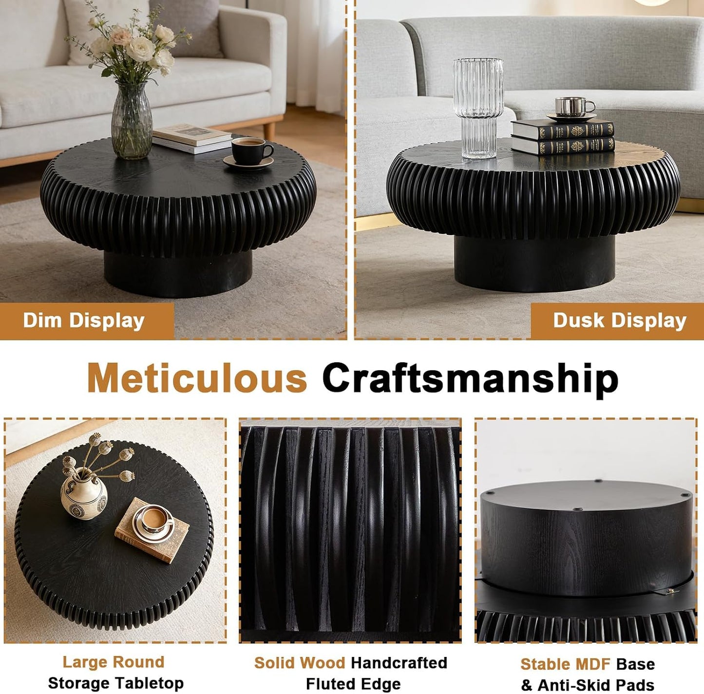 31 inch Black Round Fluted Coffee Table for Living Room (G, 1PC) | Mid Century Modern Style, Drum Shape, Low Circle Center Table, Wood Fluted Stripes, For Small Spaces, Easy to Assemble