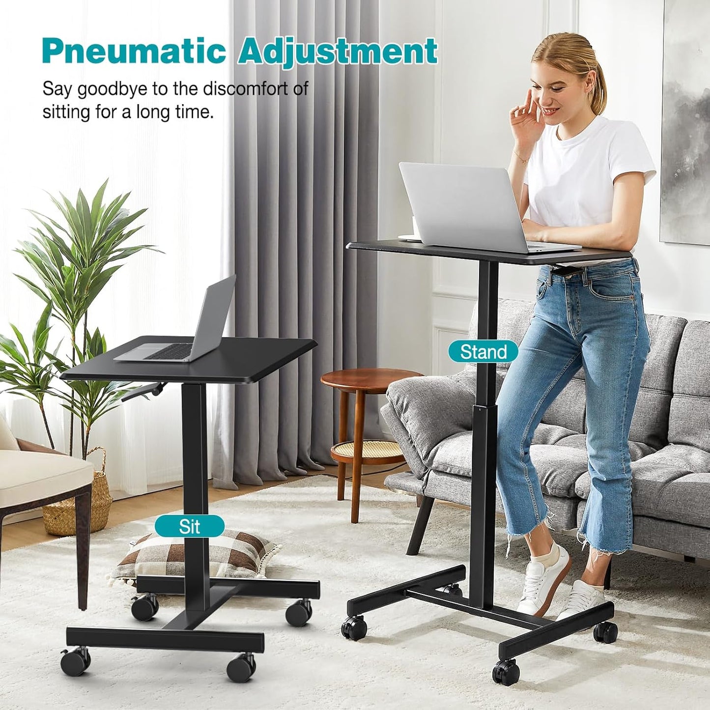 DUMOS Small Standing Desk Mobile Portable Rolling Laptop PC Table on Wheels Adjustable Height Computer Workstation for Home Office, Space Saving Desk for Bedroom Study Use, 19 Inch, Black