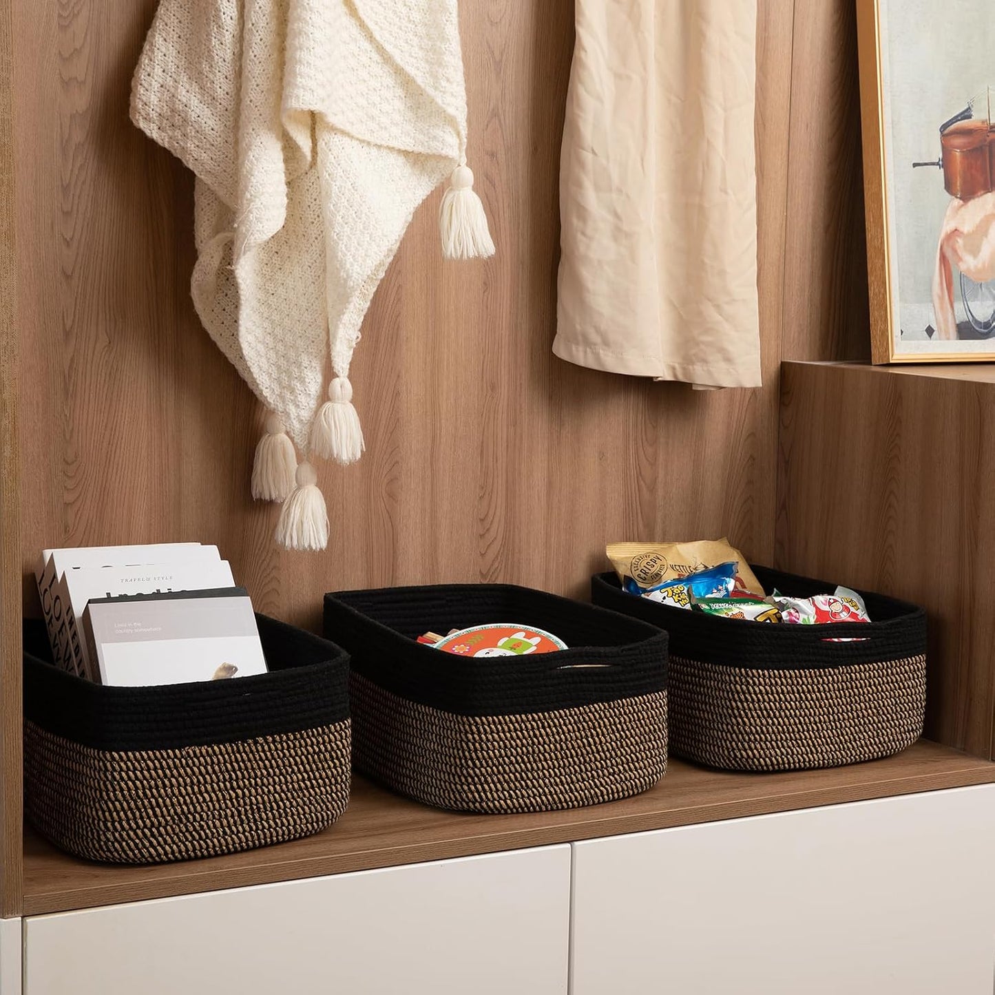 OIASKET Storage Baskets for Organizing 3 Pack, Woven Baskets for Shelves, | Closet Organizer Bins with Handle, Empty Gift Basket, Toy Storage for Toys, Blankets, Towels, Clothes, Books, 15"x11.42"x6.7"