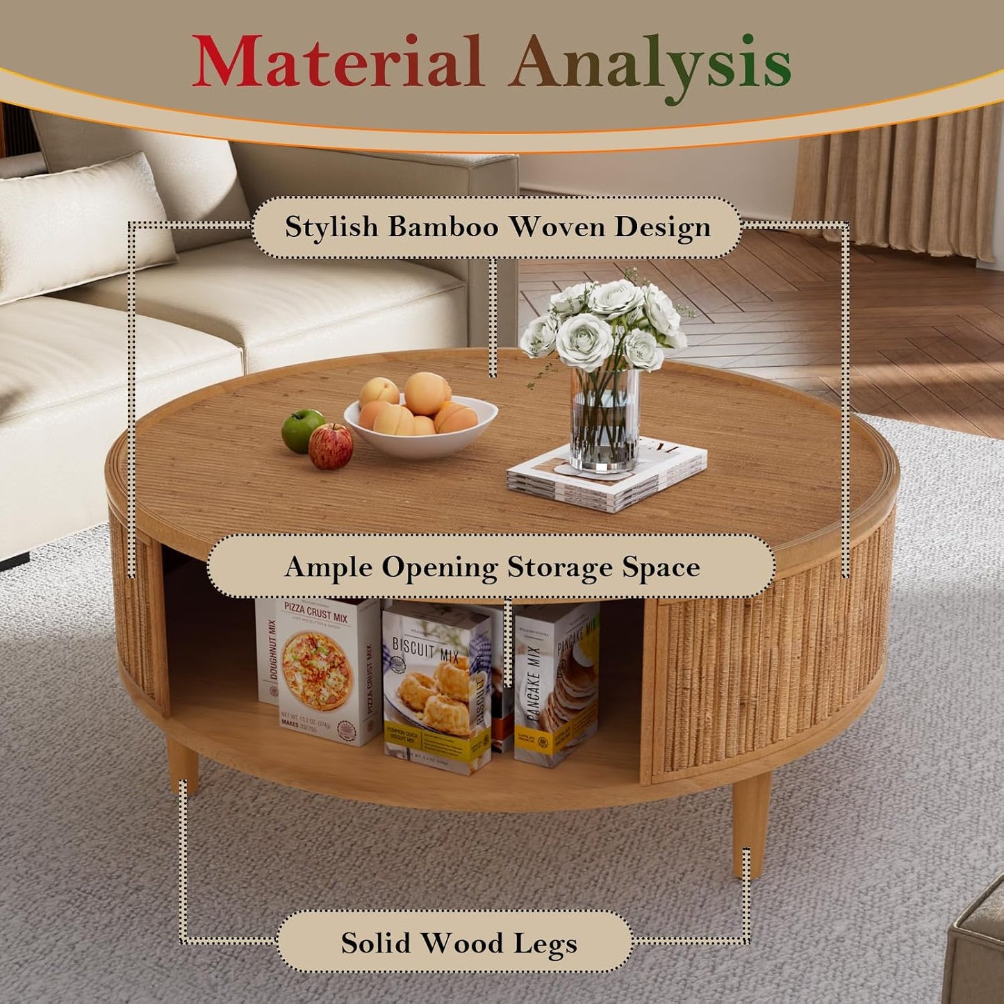 30.5in Rustic Round Coffee Table with Storage (Bamboo Woven 30.5in) | Circular Farmhouse Bamboo Center Tables with Anti-Skid Solid Wood Legs, for Living Room