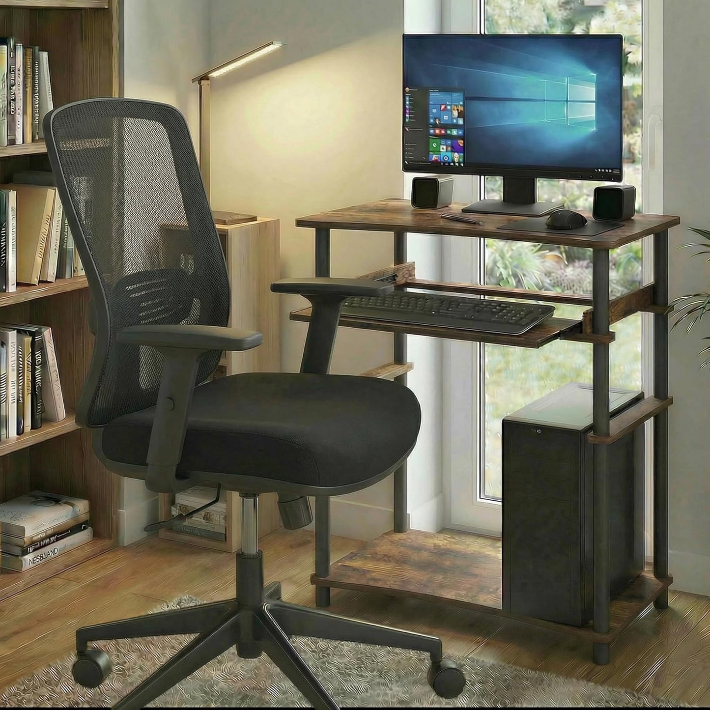 Furinno Home Desk, 23.6 Wide Gaming Desk with Keyboard Tray, Open Shelf Laptop Notebook Computer Desk, Office Desk for Home Office, Study Room, Dorm, Bedroom, Amber Pine