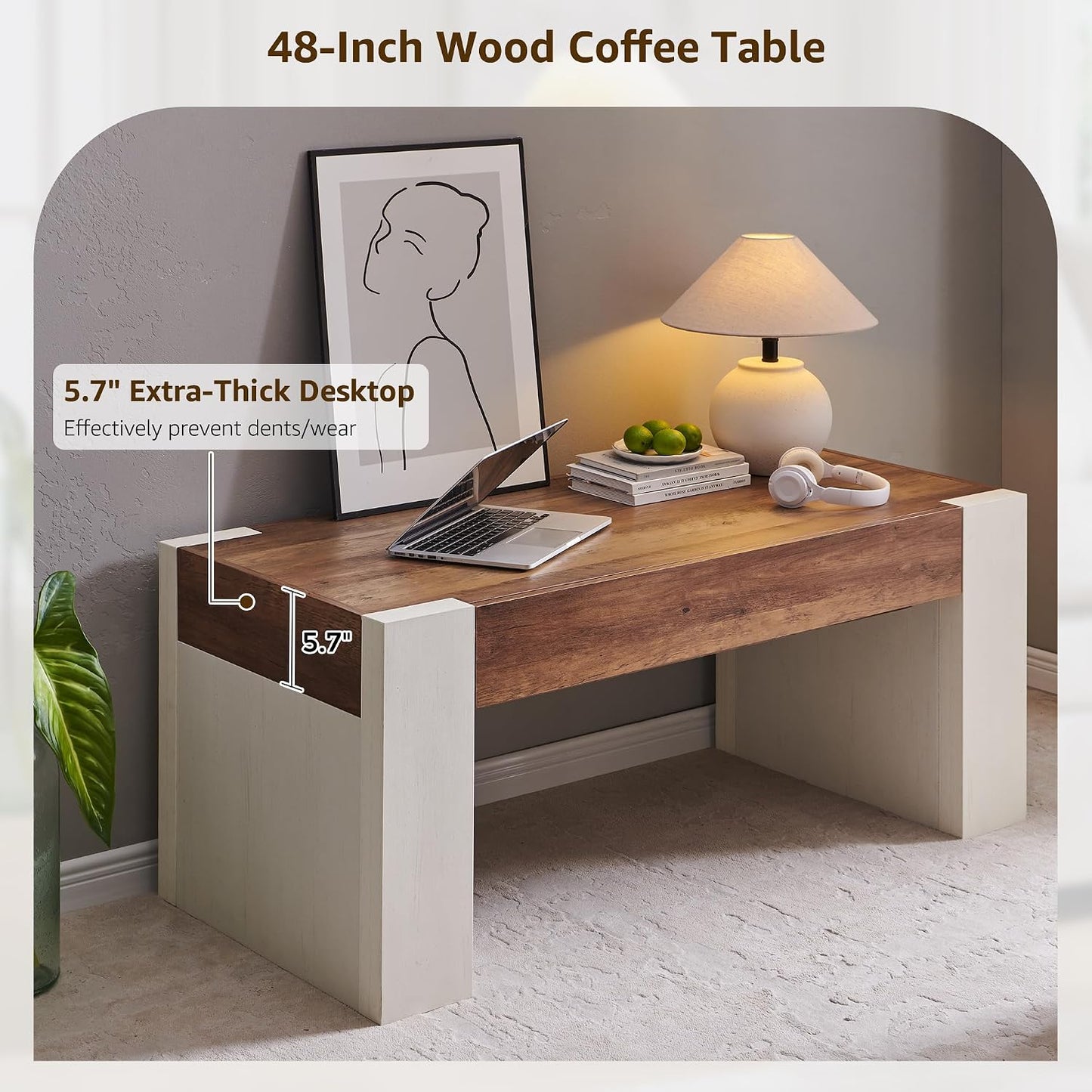 OKD 48" Modern Coffee Table with Hidden Storage Drawer,Antique White | Wood Thick Design, Rustic Rectangular Center Tables for Living Room, Office
