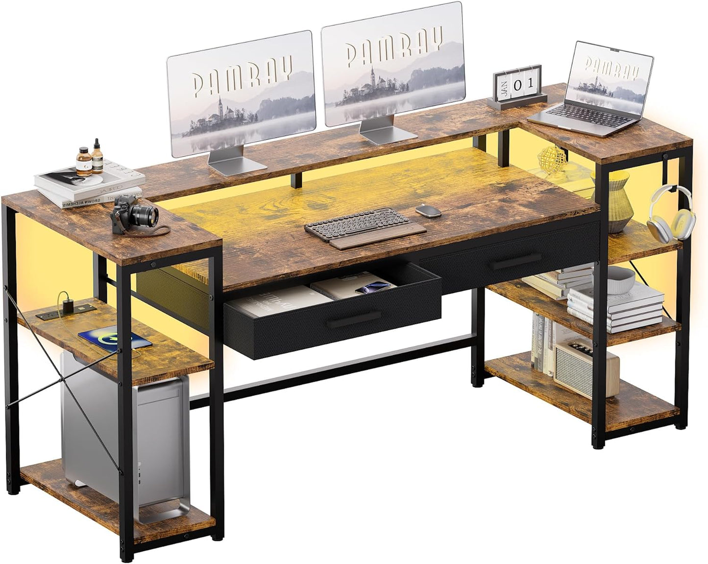 Pamray 58 Inch Computer Desk with Monitor Stand and Shelves Gaming Desk with LED Lights & Power Outlets PC Vanity Table with 2 Drawers for Home Office Vintage