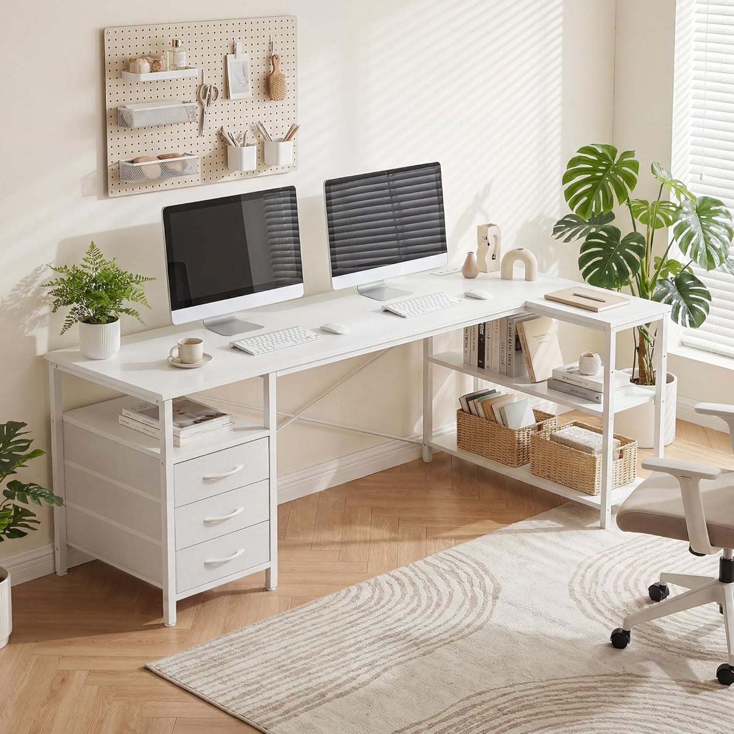 Alpen L Shaped Computer Desk, 47.2 Inch Corner Desk with Drawers and Power Outlets, Home Office Desk for Gaming, Study Writing PC Table with Storage and Reversible Shelf, White