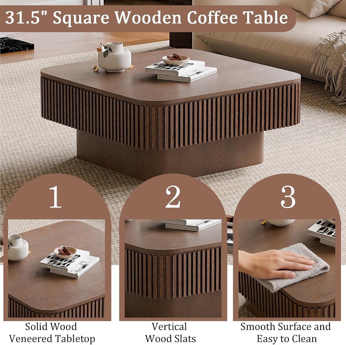 31.5" Square Coffee Table with Hidden Storage Compartment, Modern Handcraft Fluted Drum Coffee Table, Wooden Square Center Table Cocktail Tea Table with Sturdy Pedestal for Living Room,Walnut