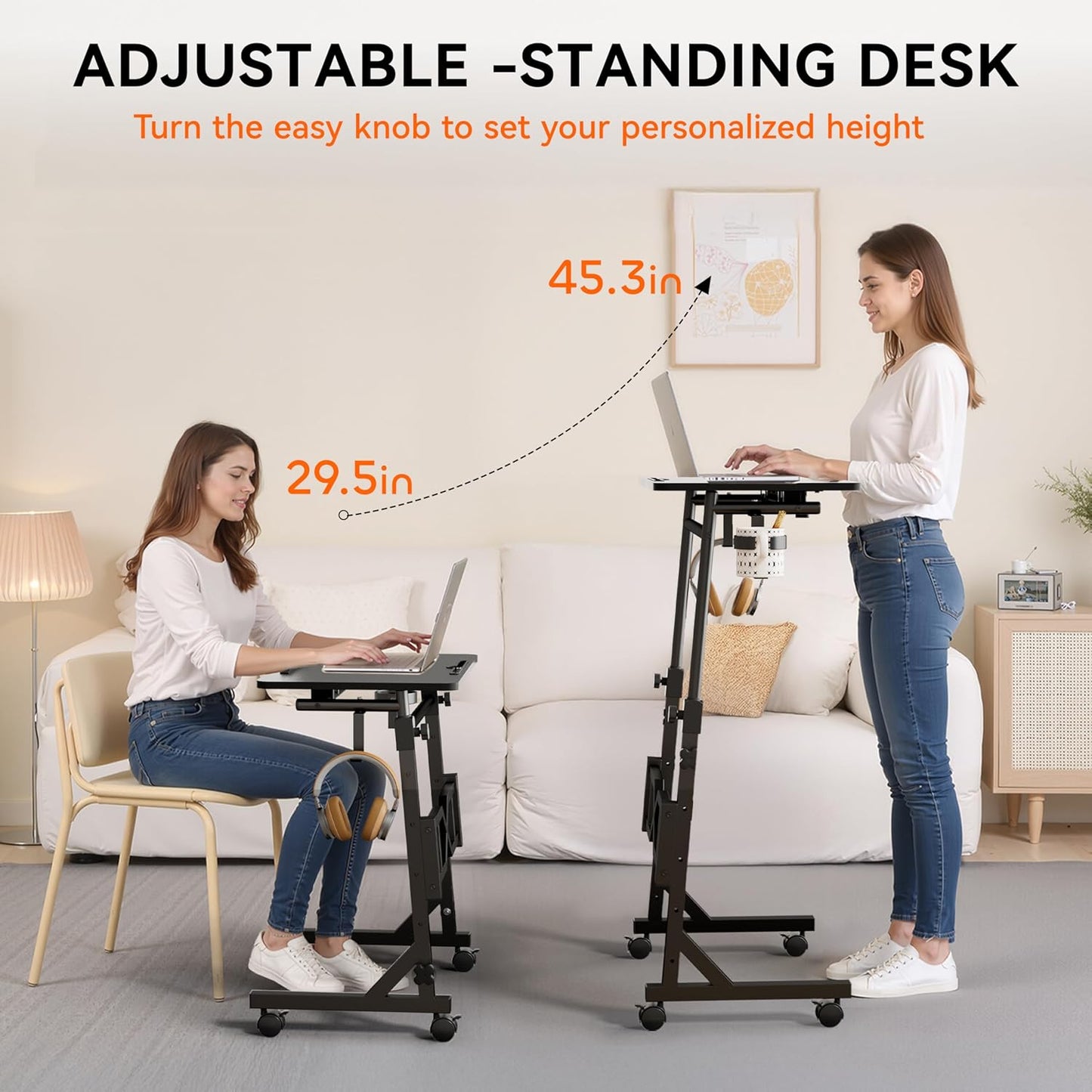 Oransail Small Standing Desk with Wheels, 29.5-45.3 Inch Adjustable Height, Portable Treadmill Desk, Rolling Computer Table for Walking Pad with a Cup Holder and a Hook