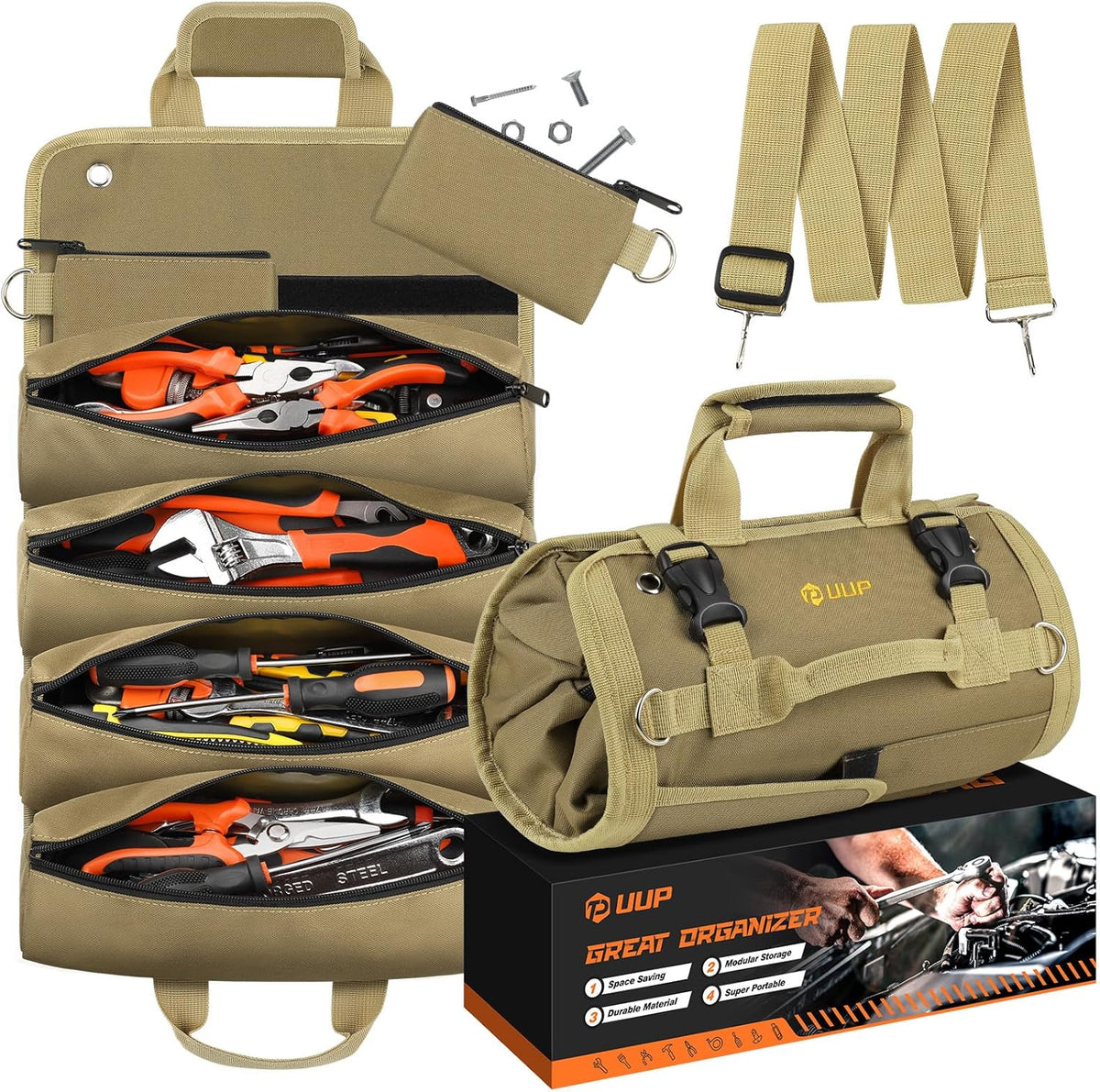 Tool Bag Roll Up, UUP Heavy Duty Portable Soft Tool Storage, Foldable Empty Rollup Organizer with Small Pockets, Official Rollable Toolbag, Father Day Gifts for Him Dad Men Mechanic Welding, Green