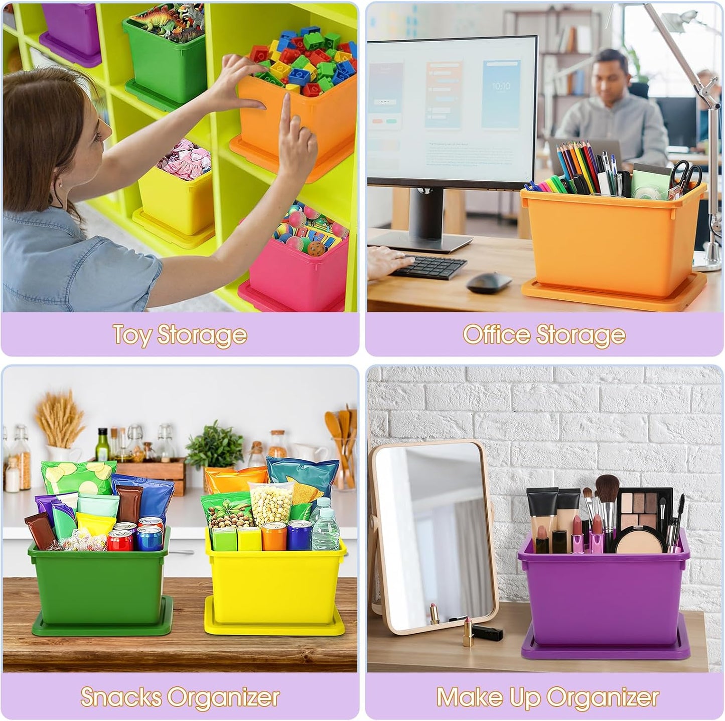 Potchen 6 Pack Small Stackable Storage Bins with Lids Plastic Storage Boxes for Classroom 9.8" ×7.3" ×5.7" Decorative Organizer Bins for Craft Art Office Teacher Supplies (Colorful)