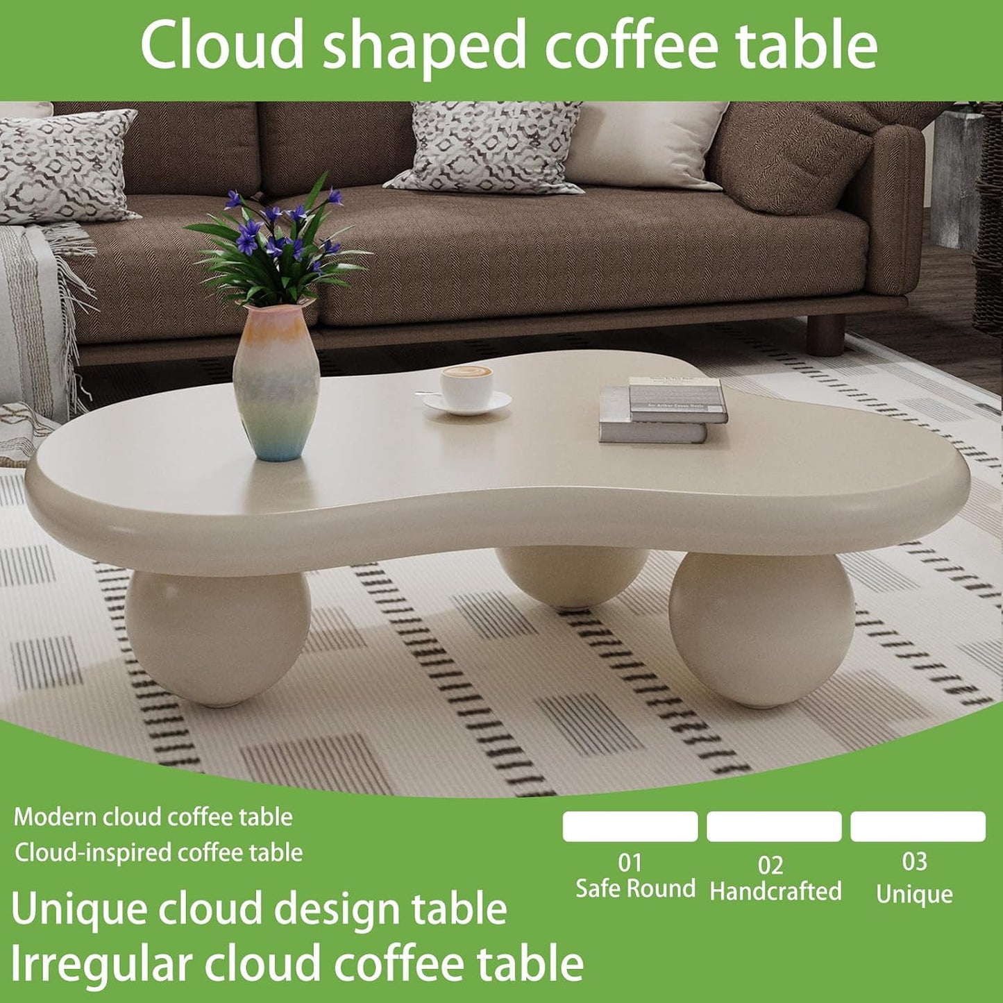 Luxury Cloud Coffee Table (Cloud Brown Cylinder Legs L46.06"W31.1*H15.35) | Irregular Design | Living Room Centerpiece | Holds 330lbs | Stylish & Sturdy