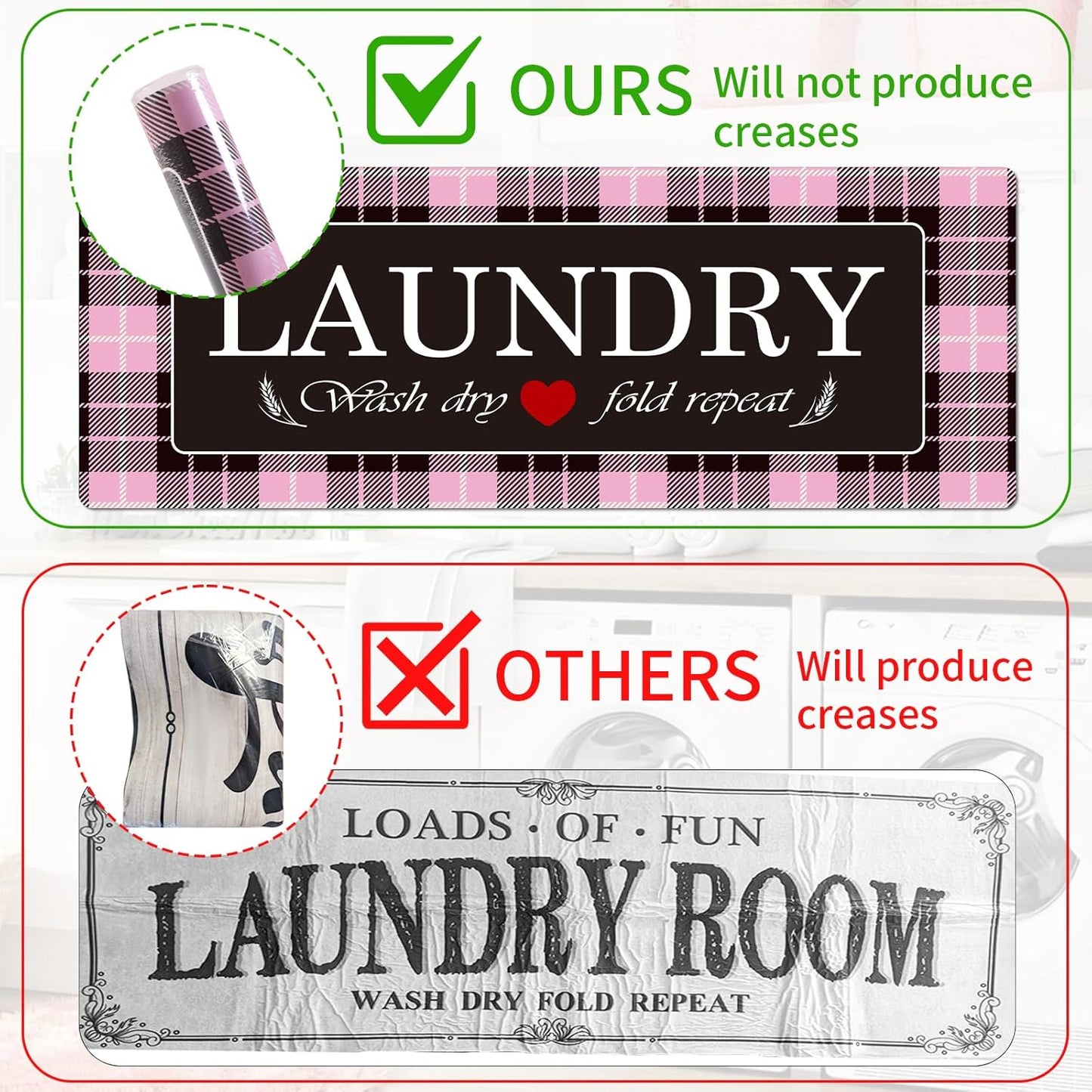 XLHOMO Laundry Room Rugs and Mats, 17"x47" Buffalo Plaid Pink Laundry Room Rug Runner Washable Non Slip, Farmhouse Laundry Mats for Floor, Mudroom, Kitchen, Washroom, Bathroom, Entryway Carpet Decor