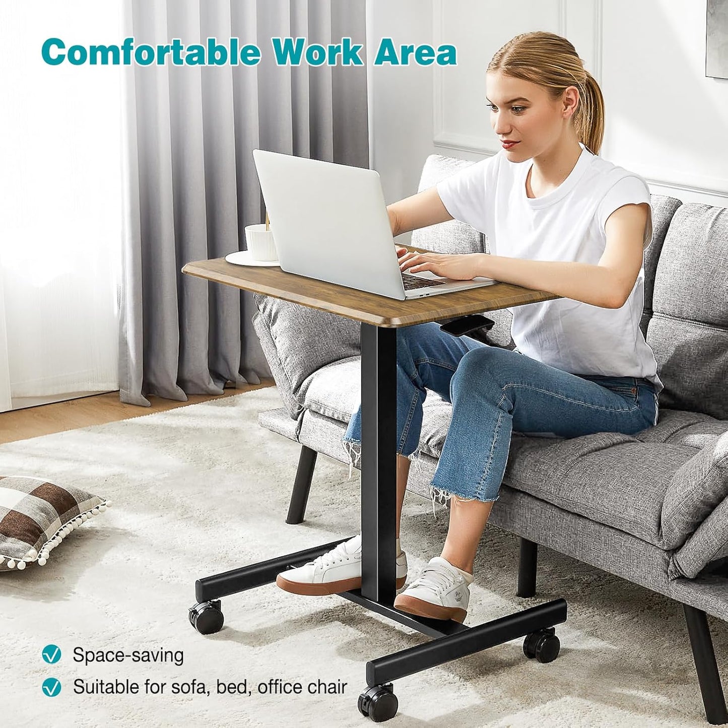 DUMOS Small Standing Desk Mobile Portable Rolling Laptop PC Table on Wheels Adjustable Height Computer Workstation for Home Office, 19 Inch, Modern Brown